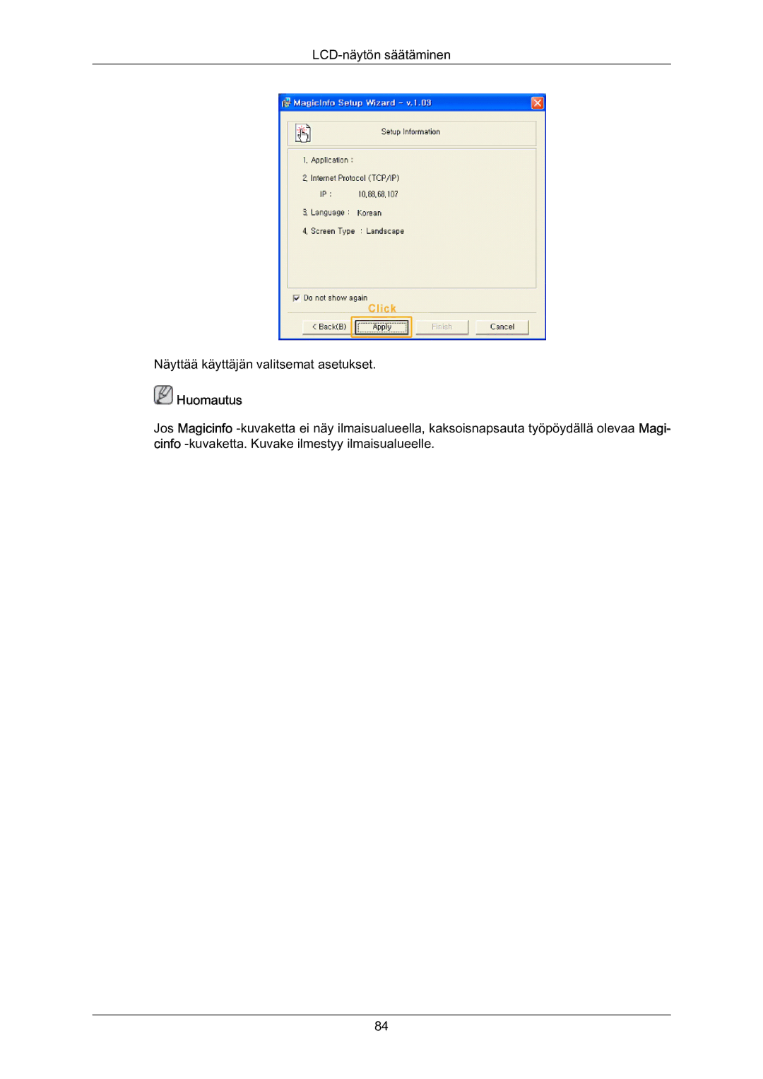 Samsung LH70BVPLBF/EN, LH70BVTLBF/EN manual LCD‐näytön säätäminen Näyttää käyttäjän valitsemat asetukset 