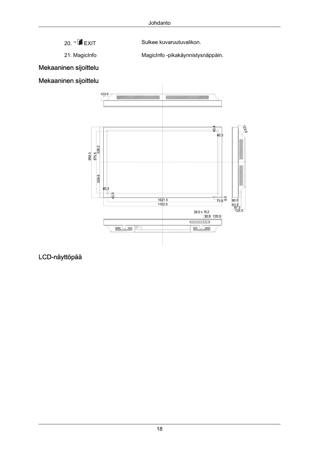 Samsung LH70BVPLBF/EN, LH70BVTLBF/EN manual Mekaaninen sijoittelu LCD‐näyttöpää 