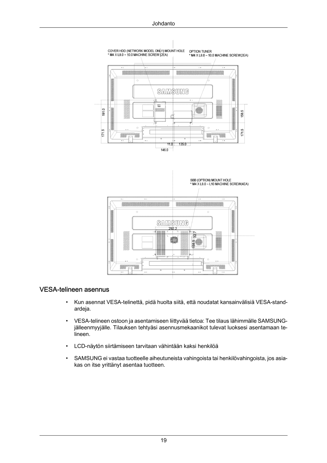 Samsung LH70BVTLBF/EN, LH70BVPLBF/EN manual VESA‐telineen asennus 