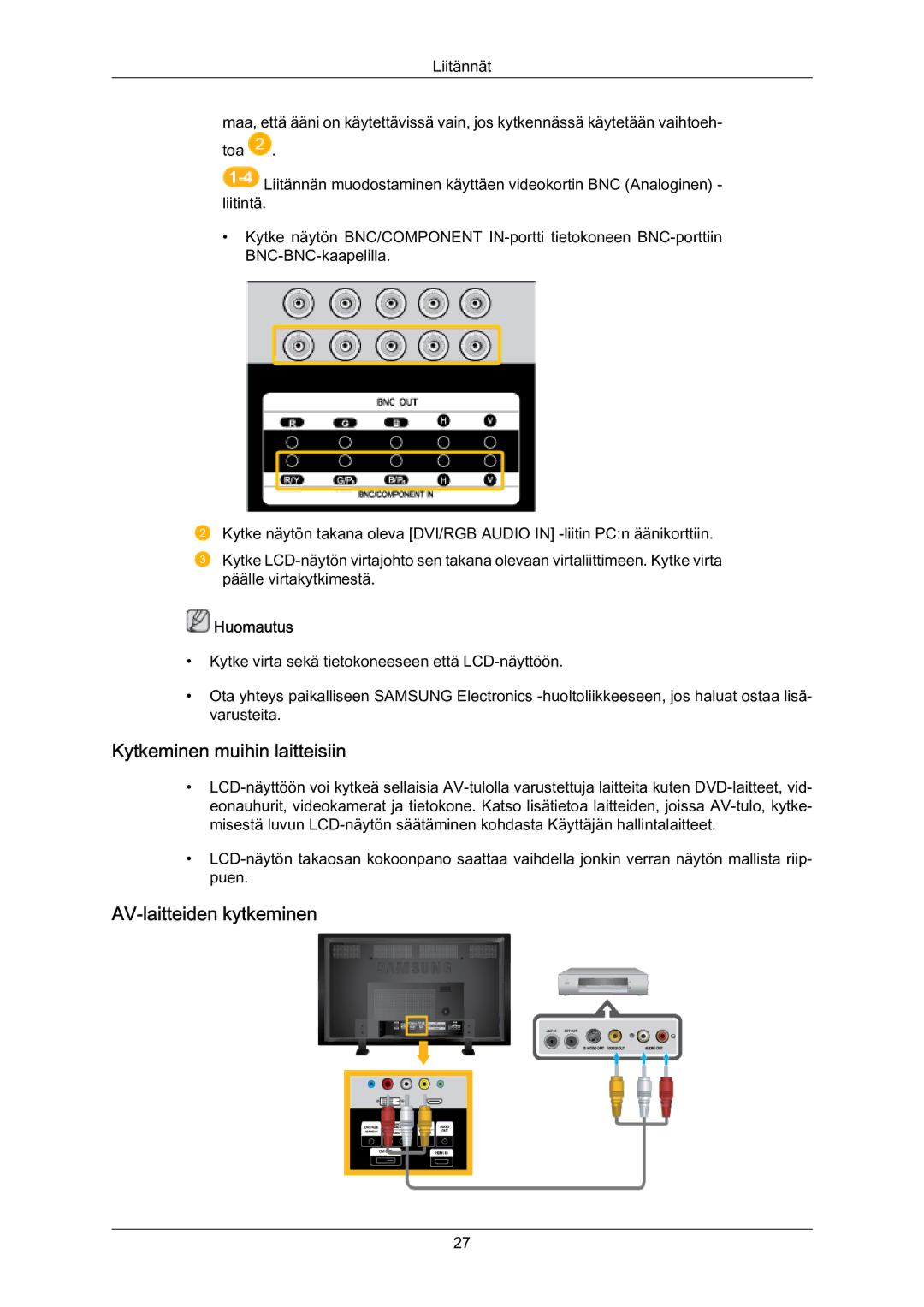 Samsung LH70BVTLBF/EN, LH70BVPLBF/EN manual Kytkeminen muihin laitteisiin, AV‐laitteiden kytkeminen 