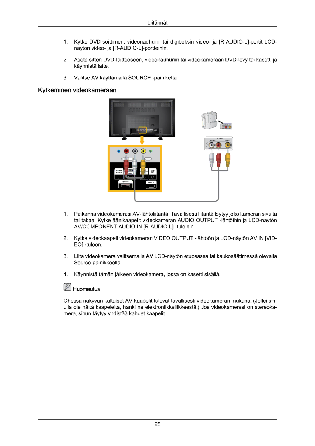 Samsung LH70BVPLBF/EN, LH70BVTLBF/EN manual Kytkeminen videokameraan 