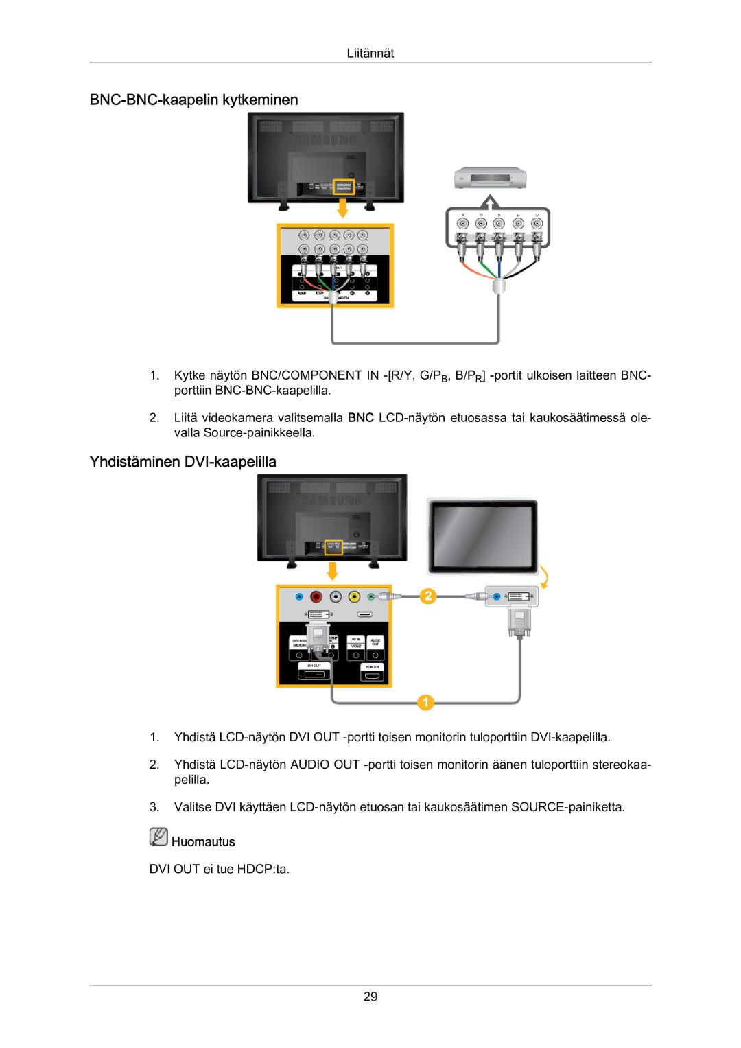 Samsung LH70BVTLBF/EN, LH70BVPLBF/EN manual BNC‐BNC‐kaapelin kytkeminen, Yhdistäminen DVI‐kaapelilla 