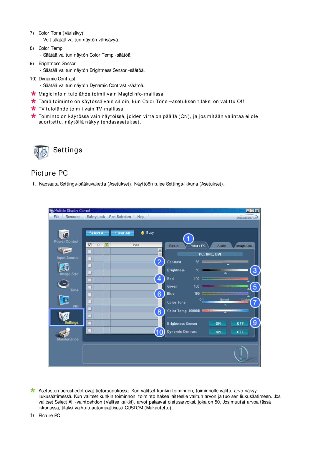 Samsung LH70BVTLBF/EN, LH70BVPLBF/EN manual Settings Picture PC 