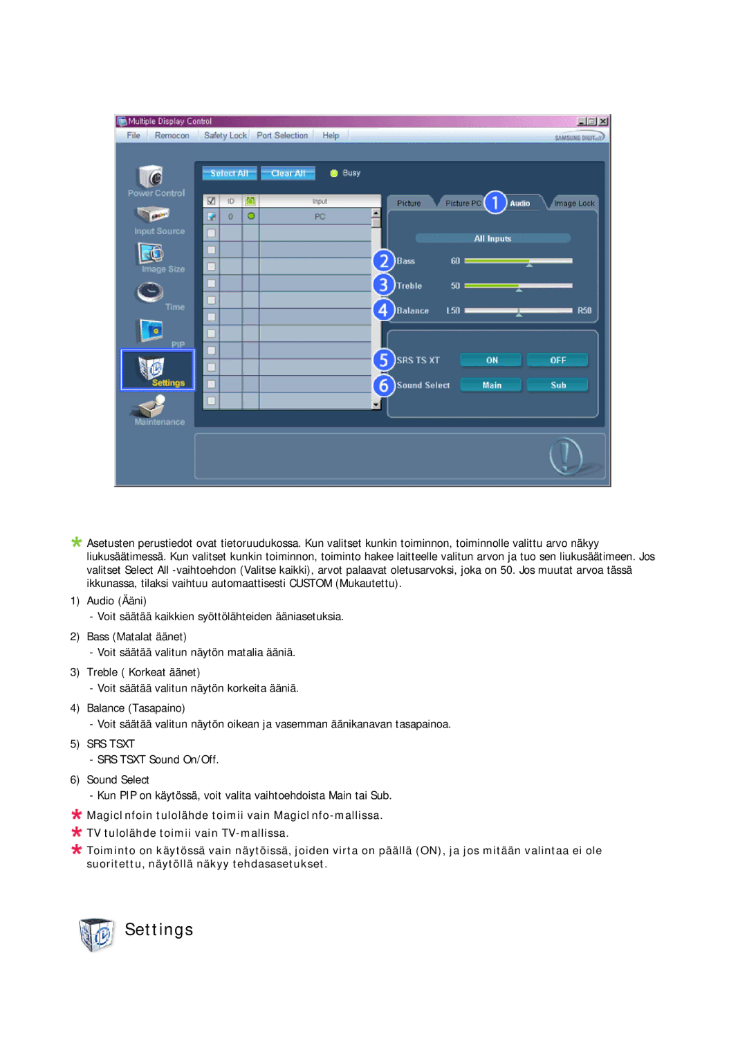 Samsung LH70BVTLBF/EN, LH70BVPLBF/EN manual Settings, SRS Tsxt 