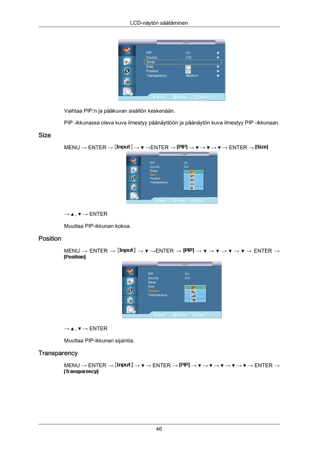 Samsung LH70BVPLBF/EN, LH70BVTLBF/EN manual Size, Position, Transparency 