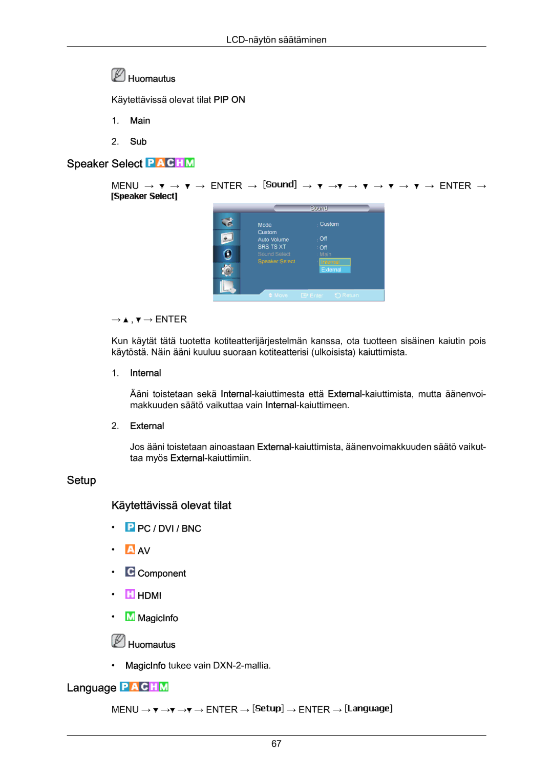 Samsung LH70BVTLBF/EN, LH70BVPLBF/EN manual Speaker Select, Setup Käytettävissä olevat tilat, Language 