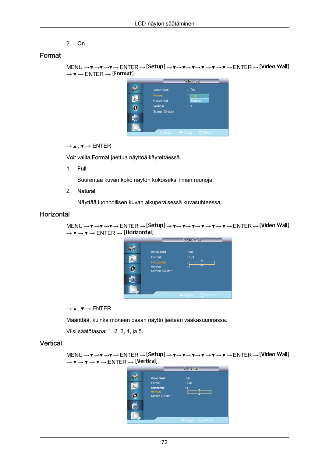 Samsung LH70BVPLBF/EN, LH70BVTLBF/EN manual Format, Horizontal, Vertical, Full, Natural 