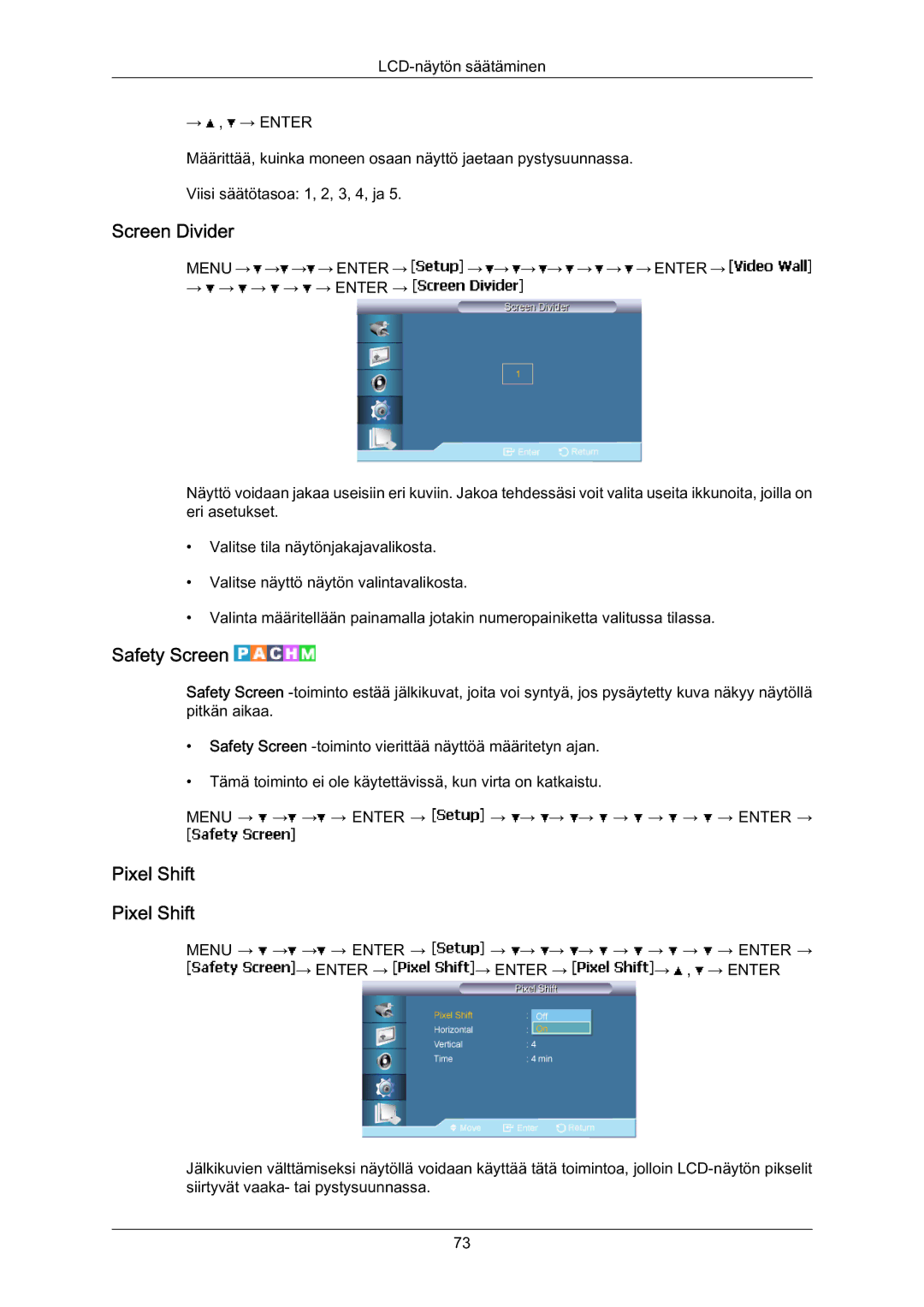 Samsung LH70BVTLBF/EN, LH70BVPLBF/EN manual Screen Divider, Safety Screen, Pixel Shift 