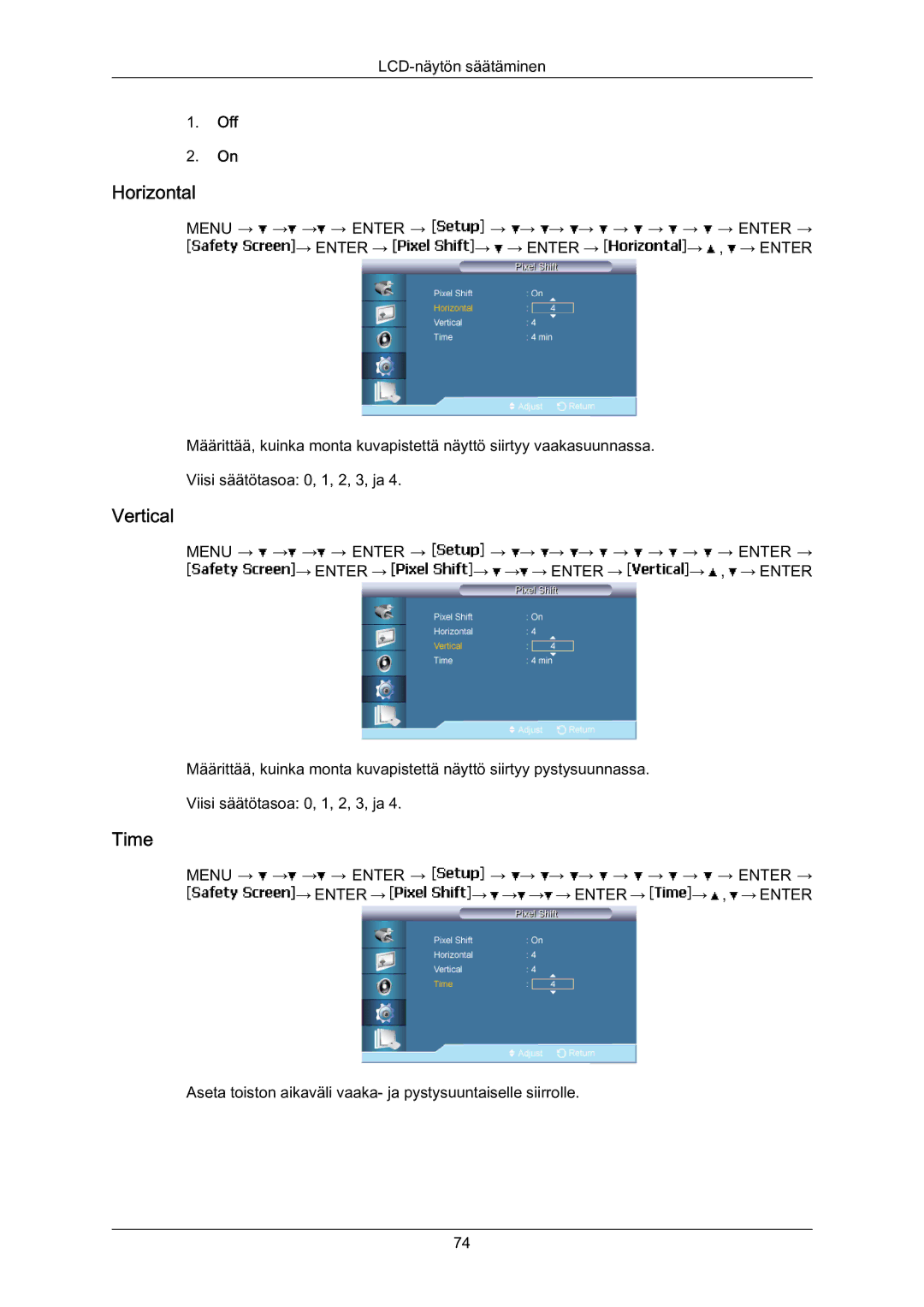 Samsung LH70BVPLBF/EN, LH70BVTLBF/EN manual Aseta toiston aikaväli vaaka‐ ja pystysuuntaiselle siirrolle 