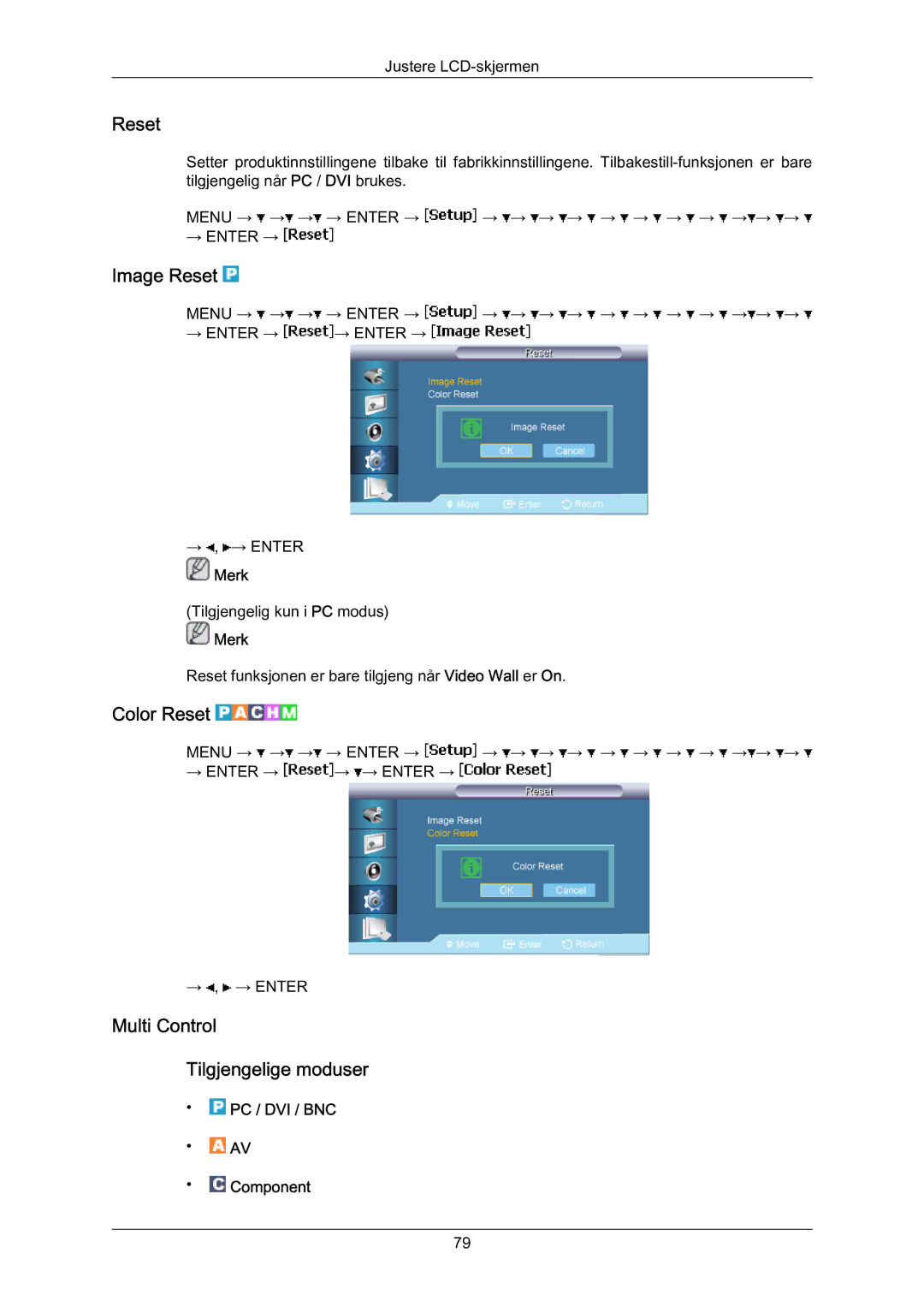 Samsung LH70BVTLBF/EN, LH70BVPLBF/EN manual Image Reset, Color Reset, Multi Control Tilgjengelige moduser 