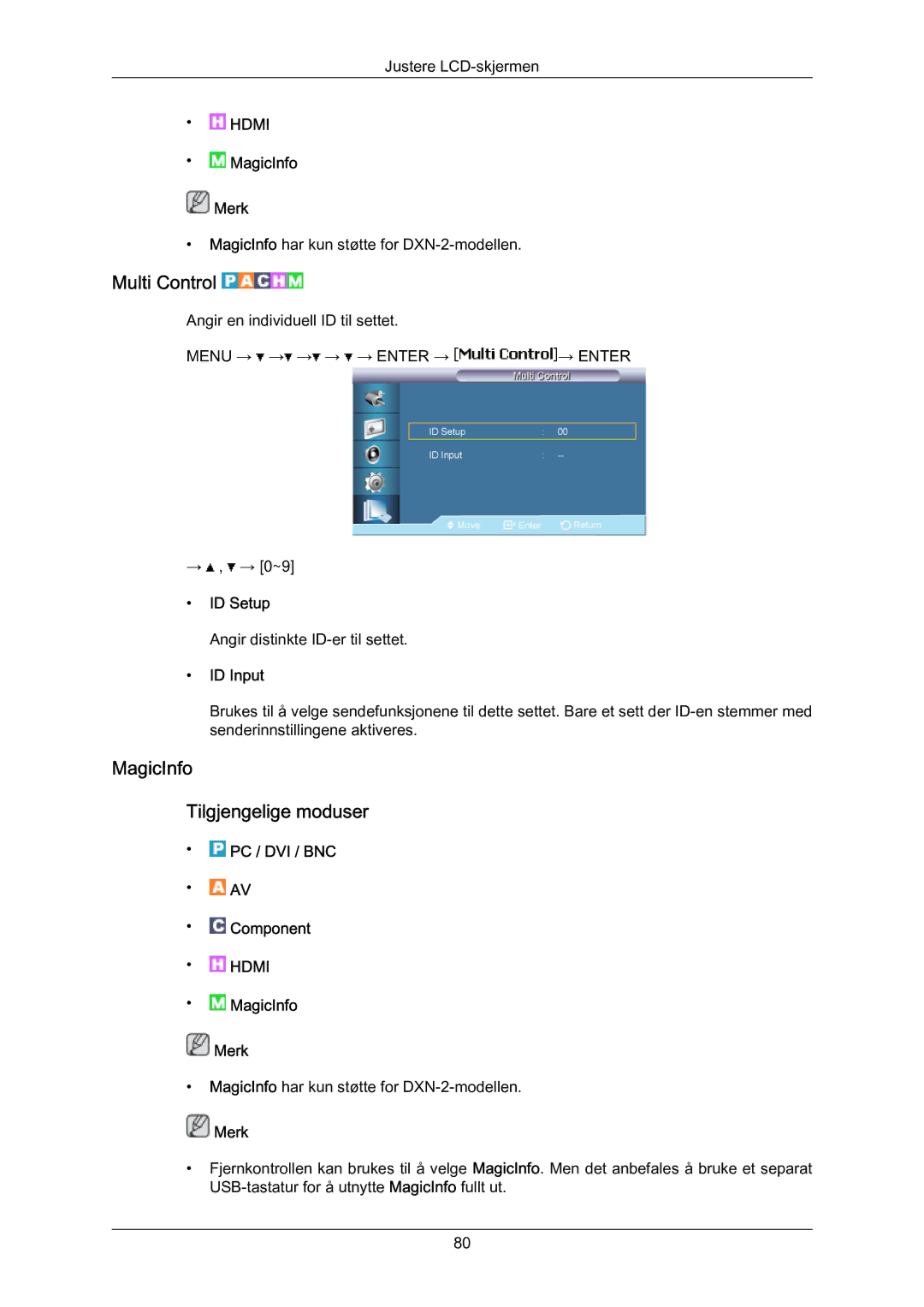 Samsung LH70BVPLBF/EN, LH70BVTLBF/EN manual Multi Control, MagicInfo Tilgjengelige moduser, ID Setup, ID Input 
