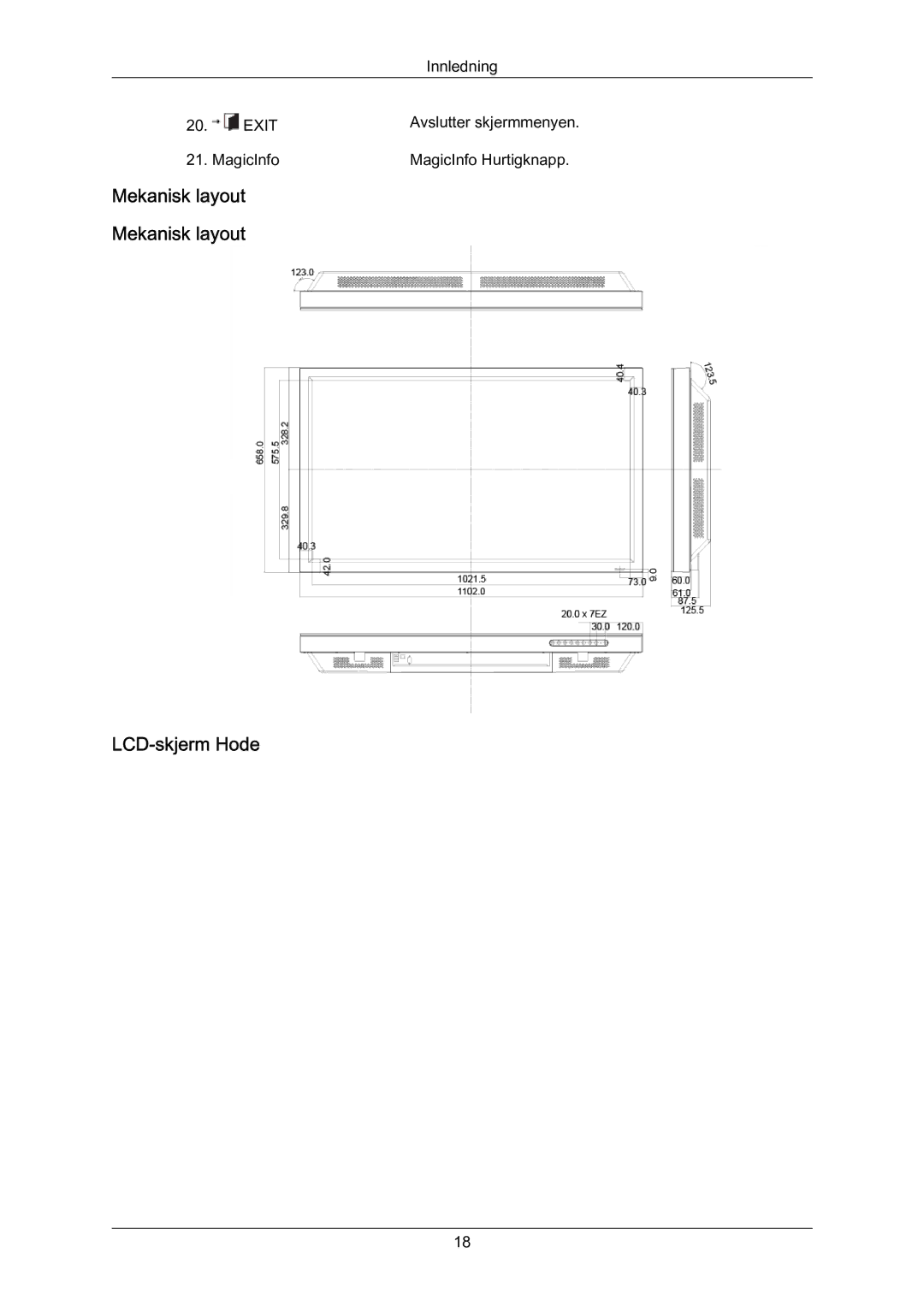 Samsung LH70BVPLBF/EN, LH70BVTLBF/EN manual Mekanisk layout LCD‐skjerm Hode 