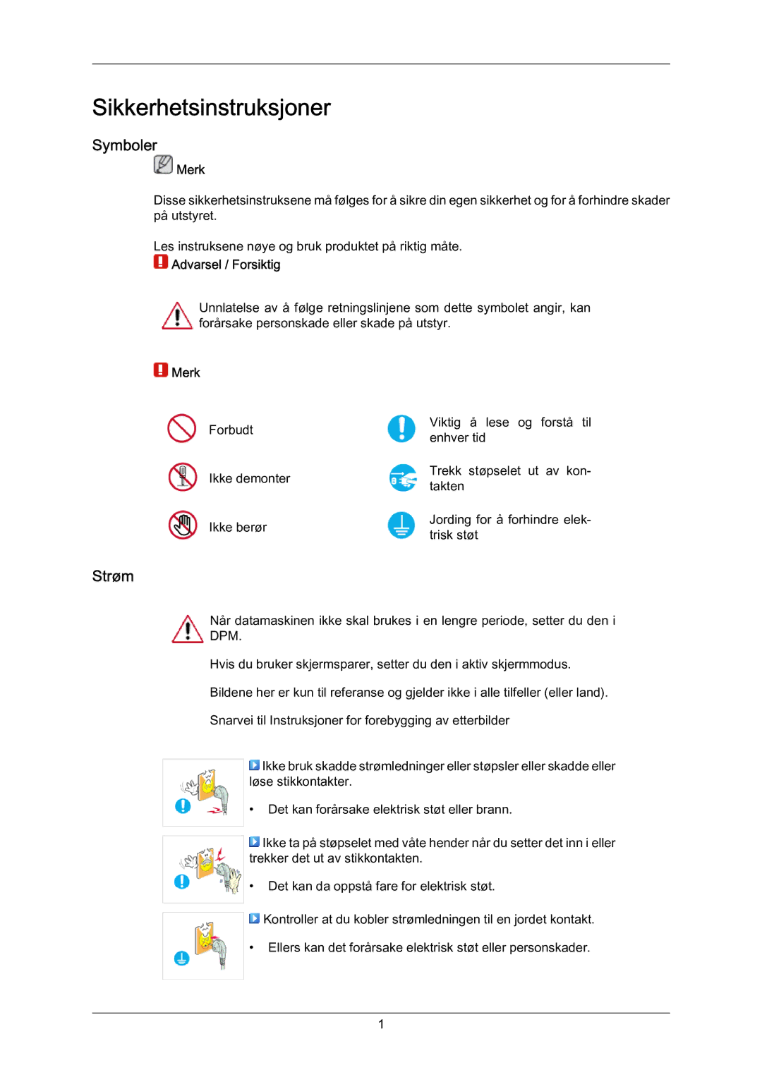 Samsung LH70BVTLBF/EN, LH70BVPLBF/EN manual Symboler, Strøm, Merk 