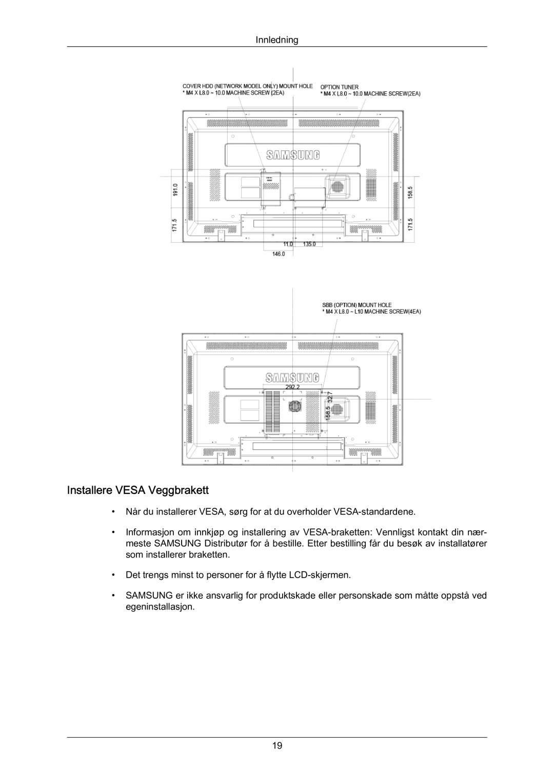 Samsung LH70BVTLBF/EN, LH70BVPLBF/EN manual Installere Vesa Veggbrakett 