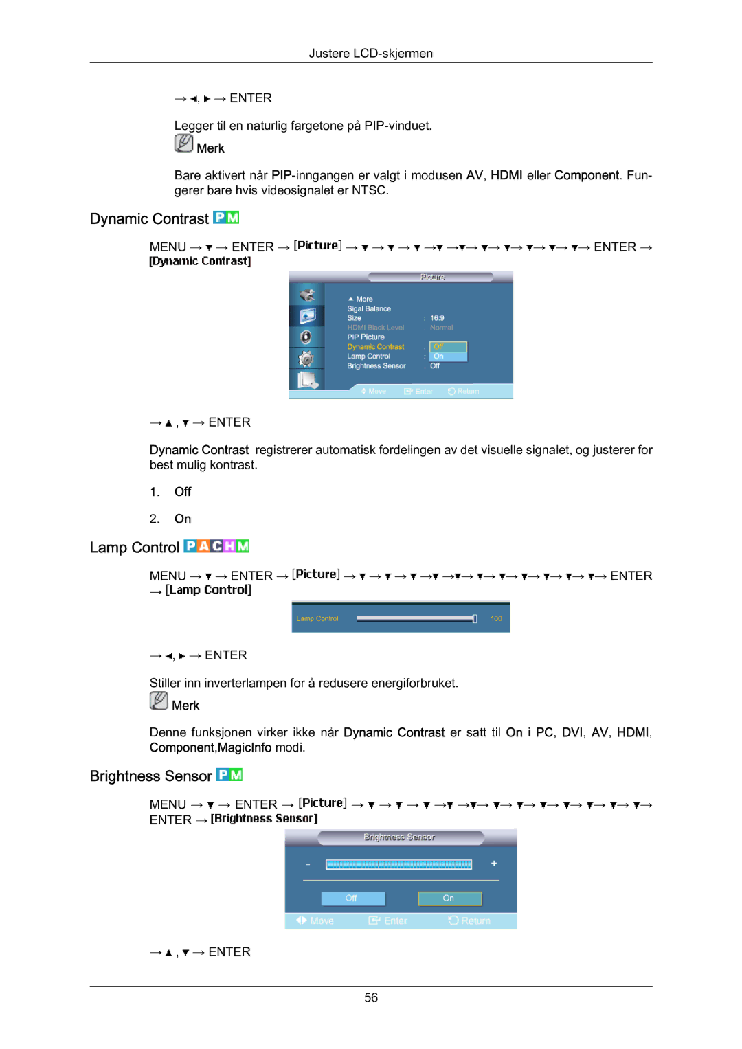 Samsung LH70BVPLBF/EN, LH70BVTLBF/EN manual Dynamic Contrast, Lamp Control, Brightness Sensor 