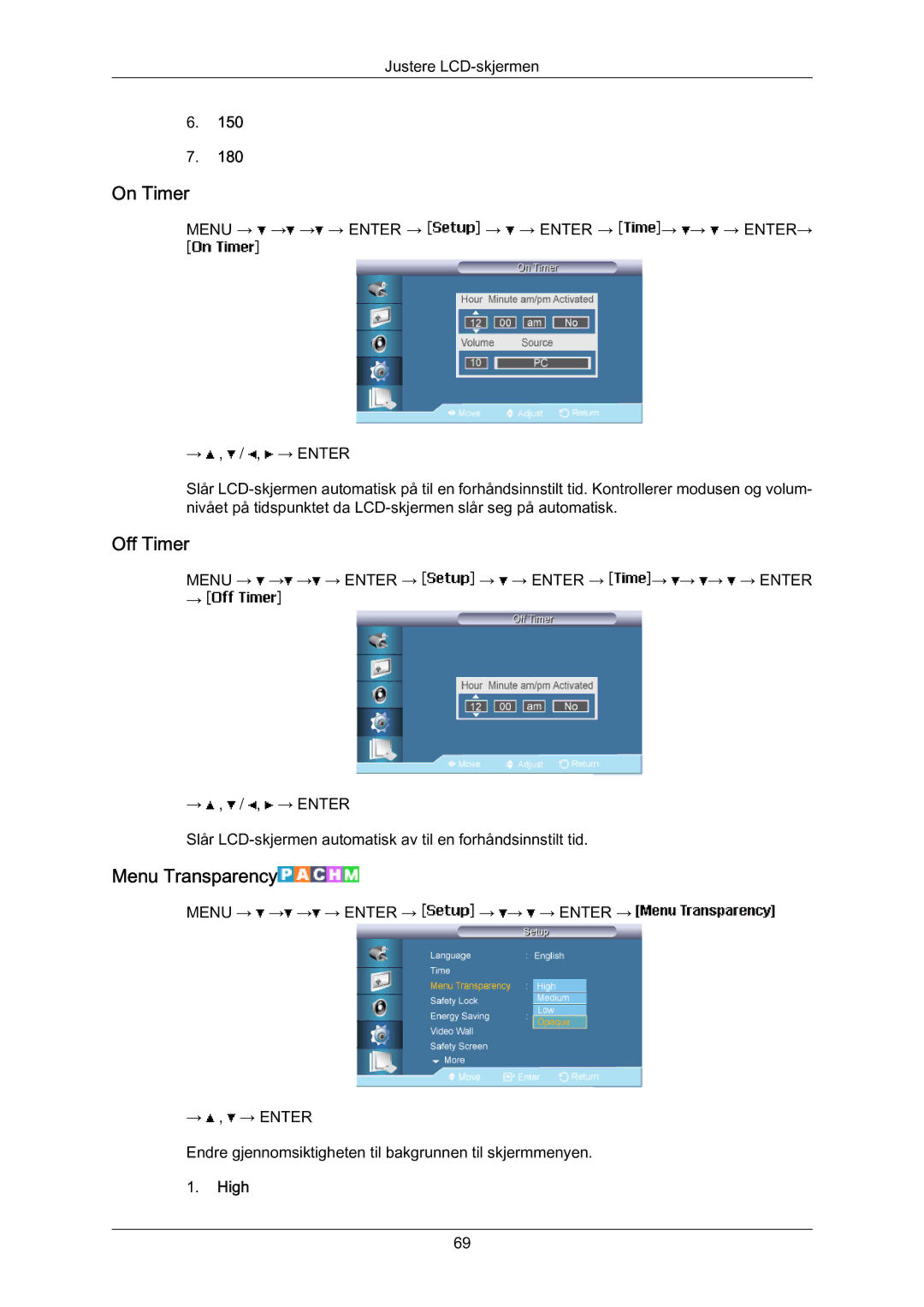 Samsung LH70BVTLBF/EN, LH70BVPLBF/EN manual On Timer, Off Timer, Menu Transparency, High 