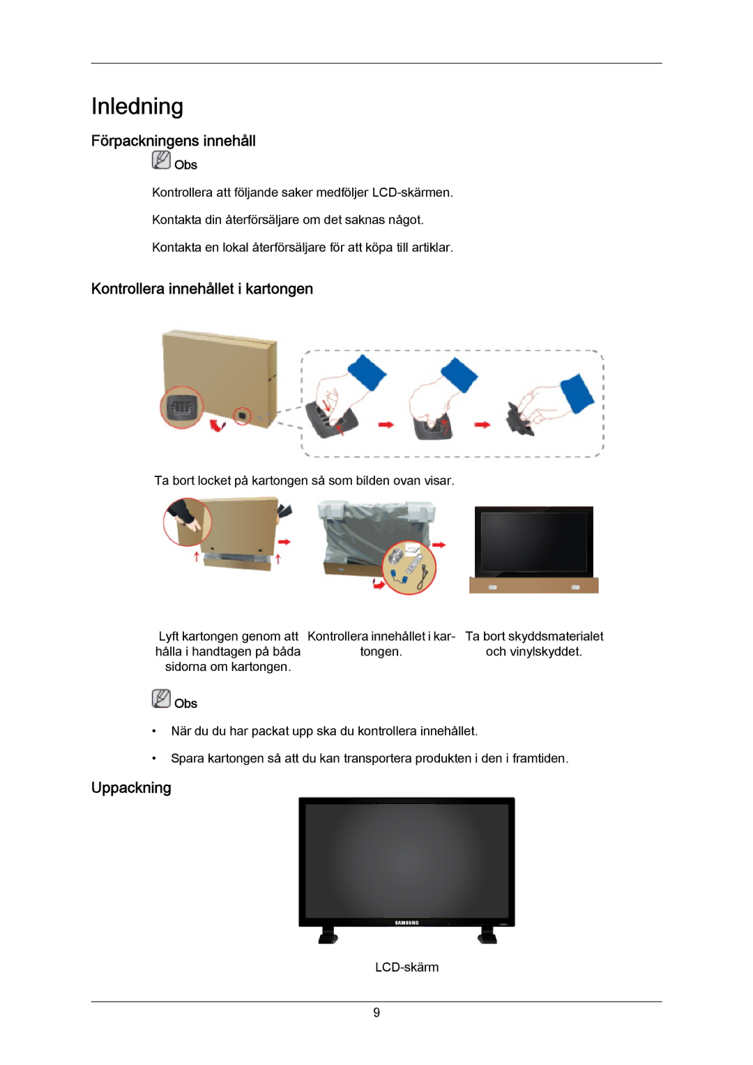 Samsung LH70BVTLBF/EN, LH70BVPLBF/EN manual Förpackningens innehåll, Kontrollera innehållet i kartongen, Uppackning 