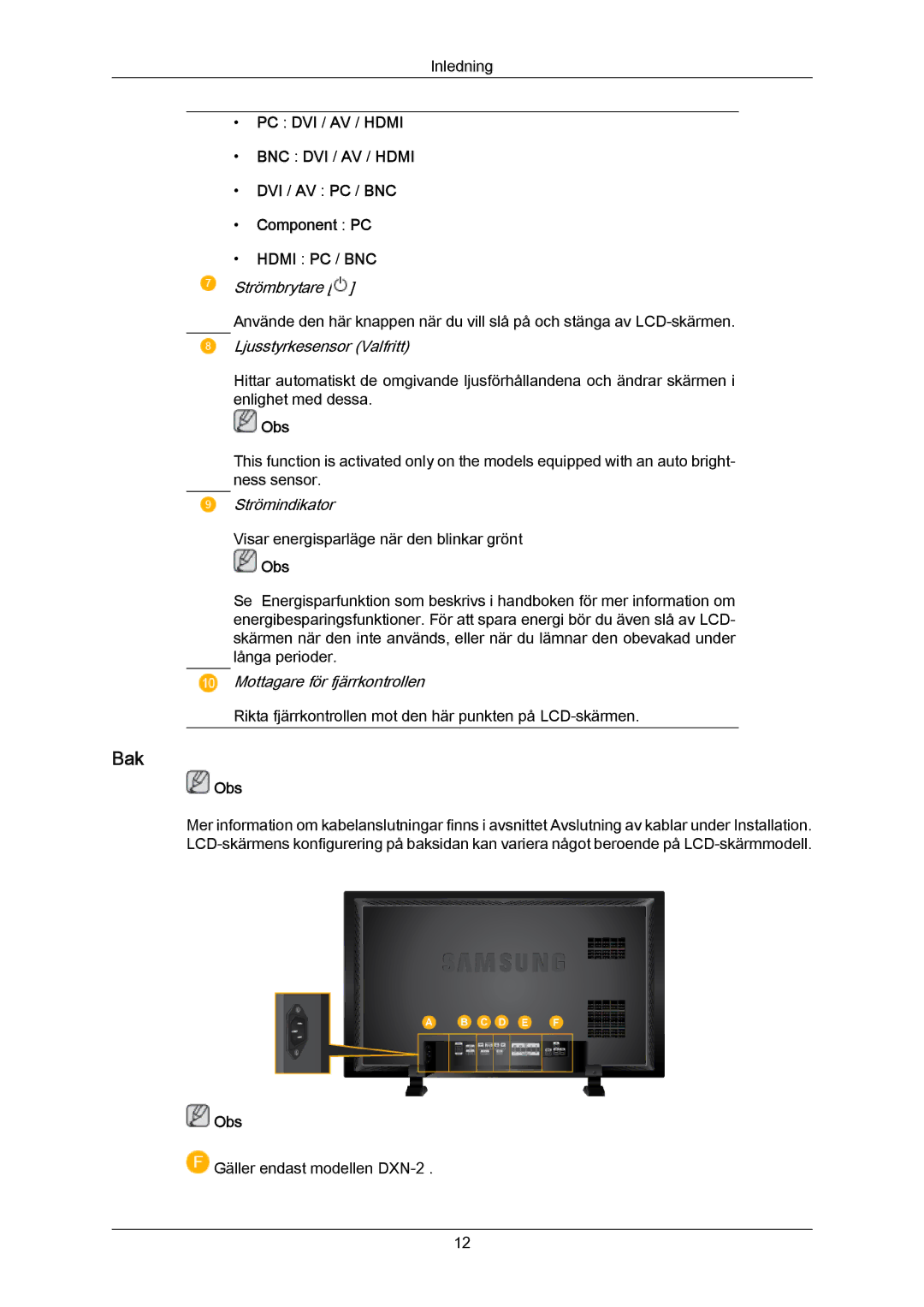 Samsung LH70BVPLBF/EN, LH70BVTLBF/EN manual Bak, PC DVI / AV / Hdmi, DVI / AV PC / BNC Component PC 