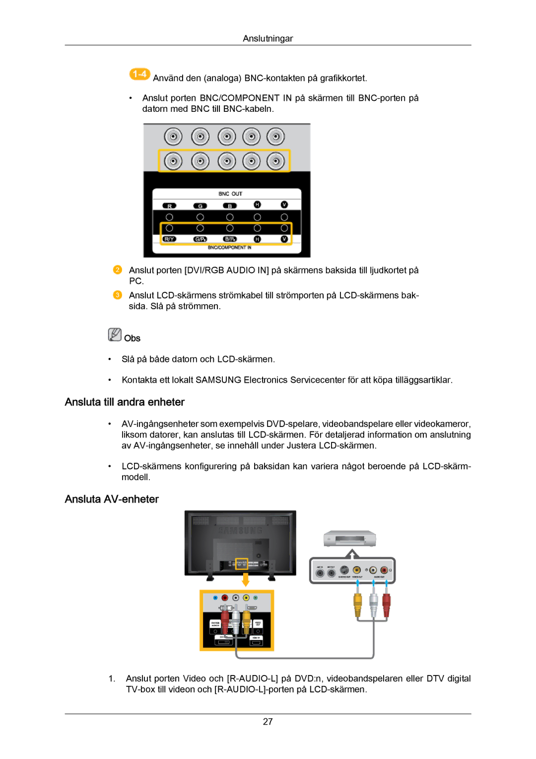 Samsung LH70BVTLBF/EN, LH70BVPLBF/EN manual Ansluta till andra enheter, Ansluta AV-enheter 