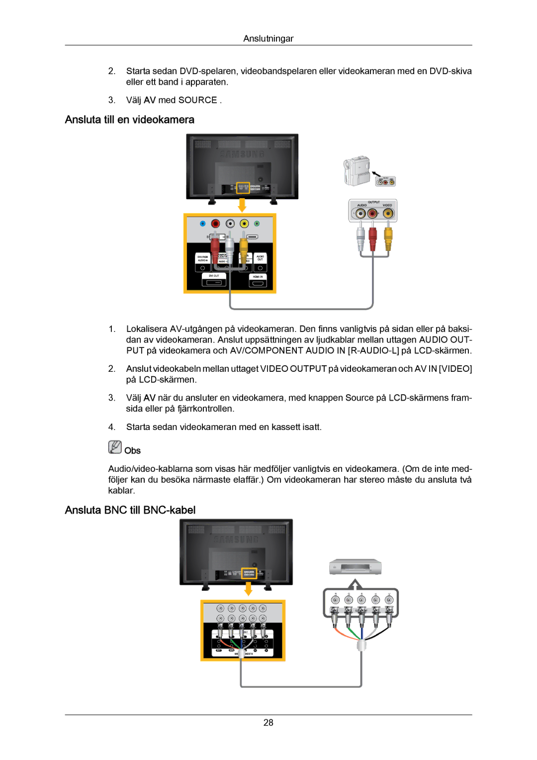 Samsung LH70BVPLBF/EN, LH70BVTLBF/EN manual Ansluta till en videokamera, Ansluta BNC till BNC-kabel 