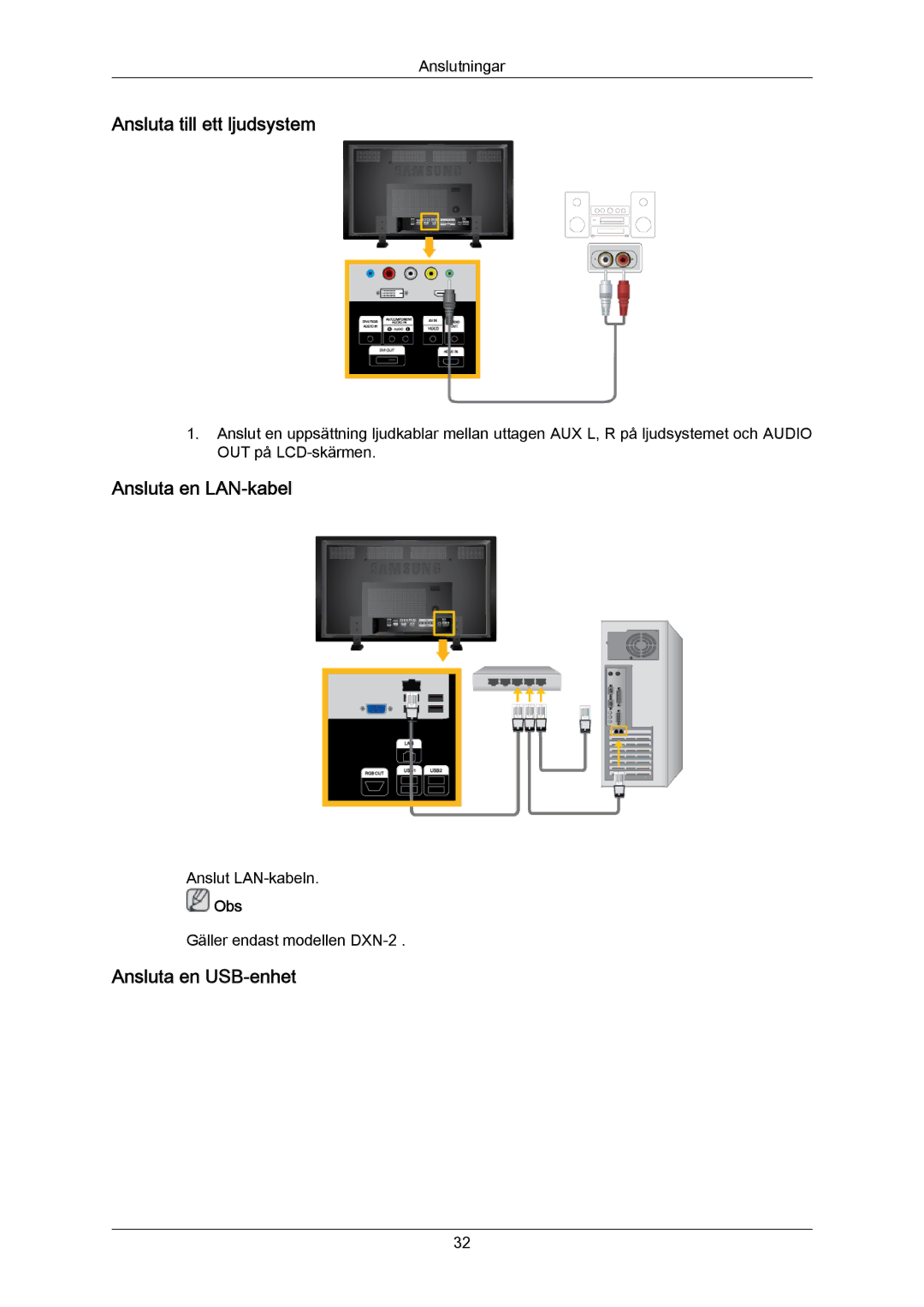 Samsung LH70BVPLBF/EN, LH70BVTLBF/EN manual Ansluta till ett ljudsystem, Ansluta en LAN-kabel, Ansluta en USB-enhet 