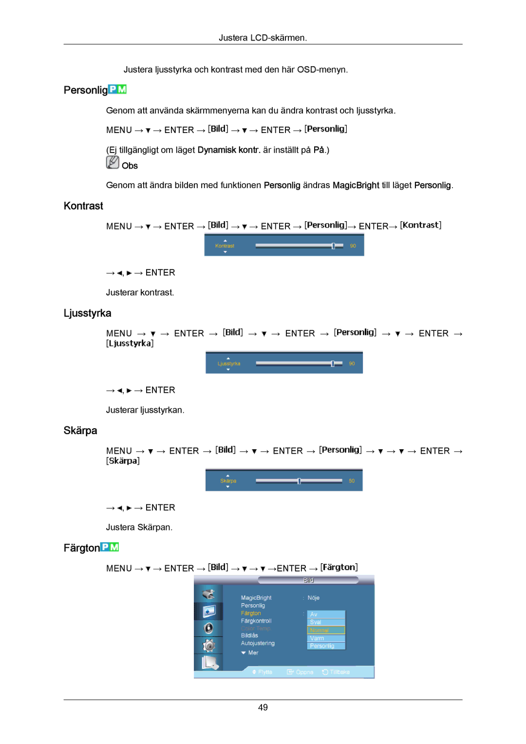 Samsung LH70BVTLBF/EN, LH70BVPLBF/EN manual Personlig, Kontrast, Ljusstyrka, Skärpa, Färgton 