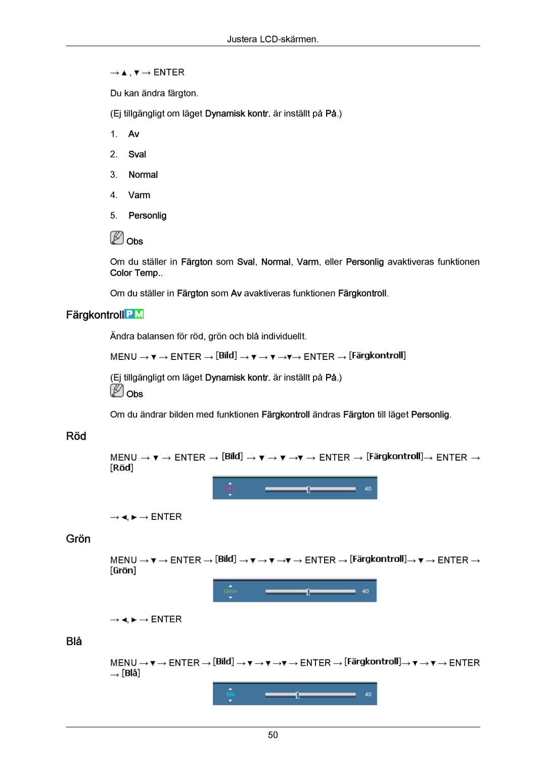 Samsung LH70BVPLBF/EN, LH70BVTLBF/EN manual Färgkontroll, Röd, Grön, Blå, Sval Normal Varm Personlig Obs 