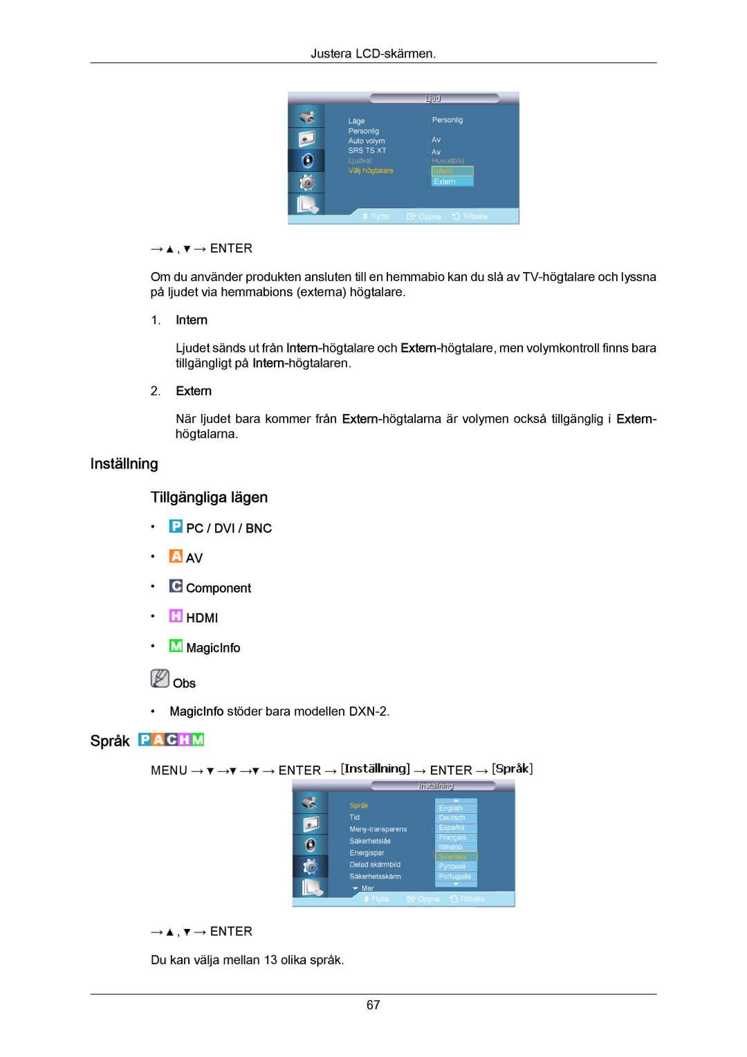 Samsung LH70BVTLBF/EN, LH70BVPLBF/EN manual Inställning Tillgängliga lägen, Språk, Intern, Extern 