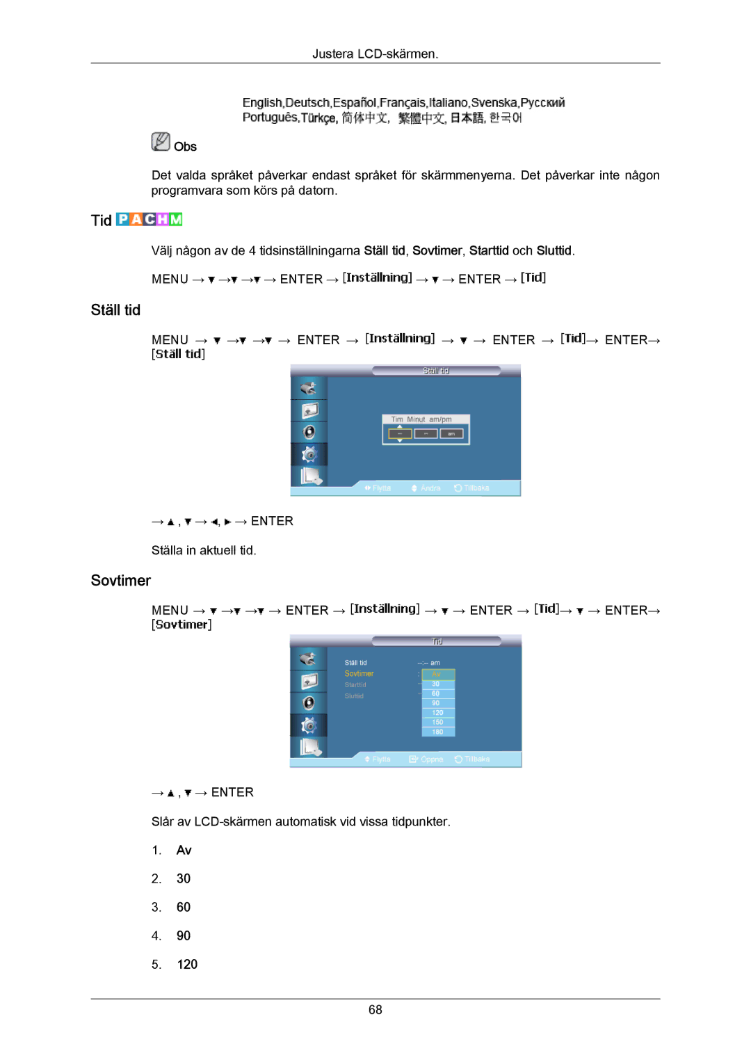 Samsung LH70BVPLBF/EN, LH70BVTLBF/EN manual Tid, Ställ tid, Sovtimer 