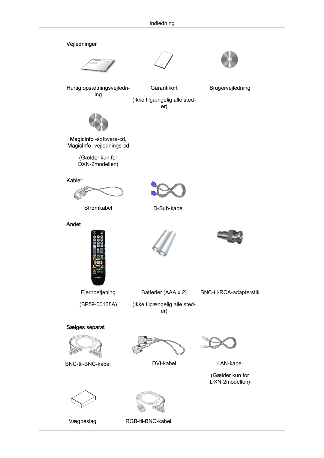 Samsung LH70BVPLBF/EN, LH70BVTLBF/EN manual Vejledninger, Kabler, Andet, Sælges separat 