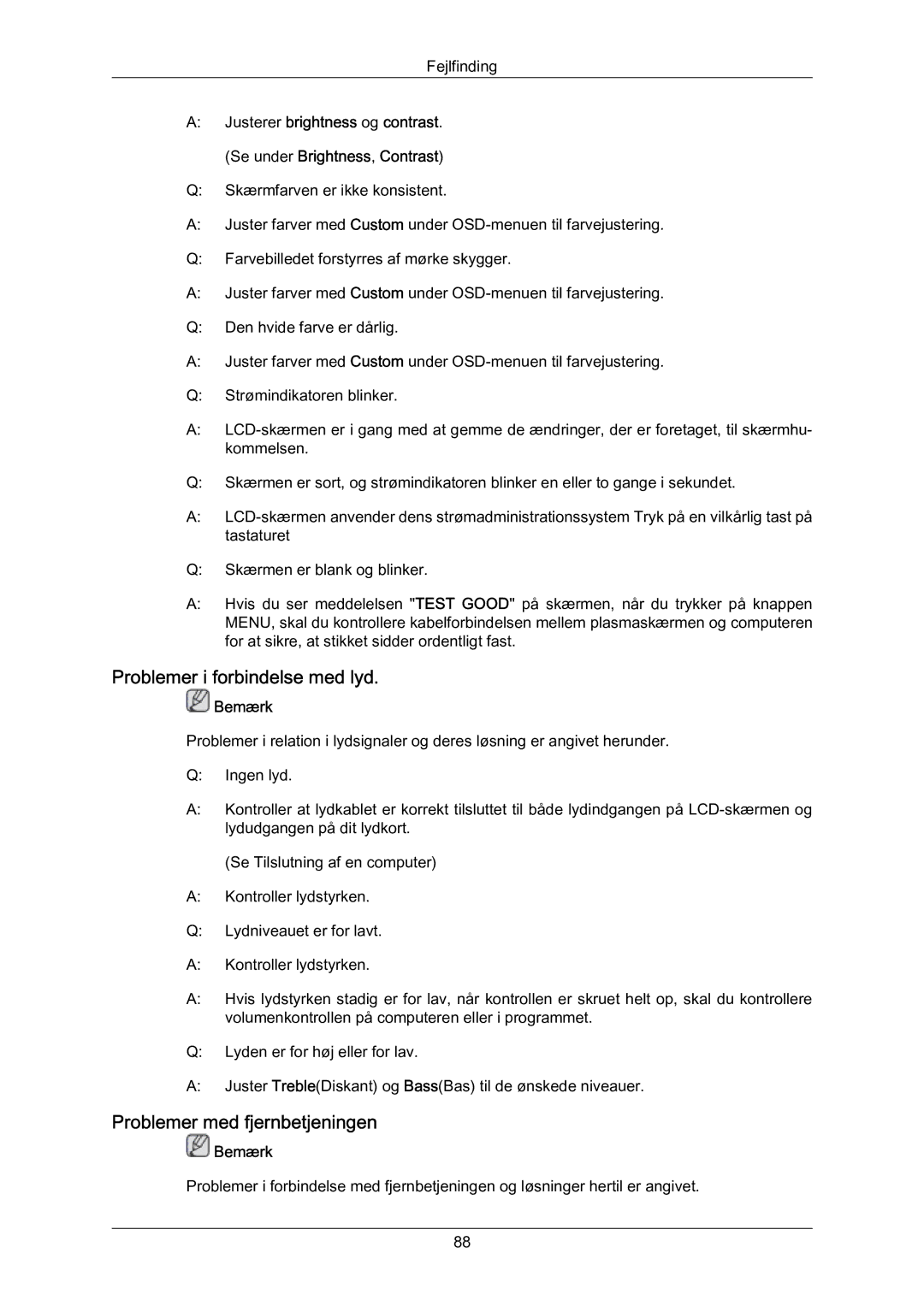 Samsung LH70BVPLBF/EN, LH70BVTLBF/EN manual Problemer i forbindelse med lyd, Problemer med fjernbetjeningen 