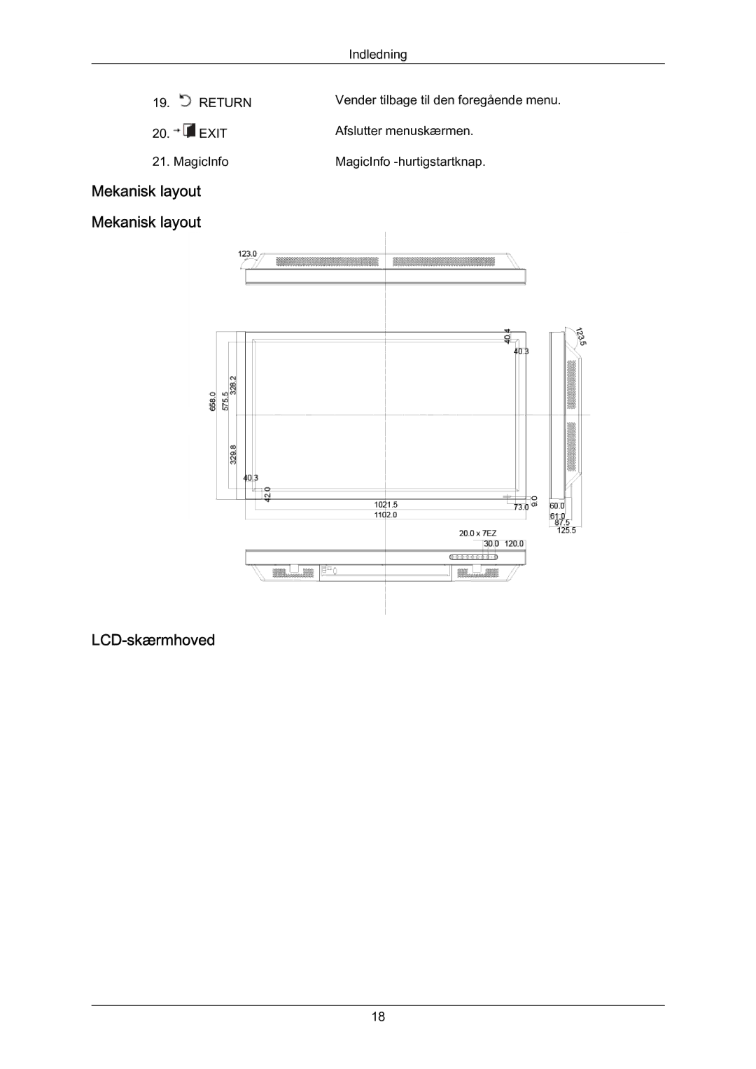 Samsung LH70BVPLBF/EN, LH70BVTLBF/EN manual Mekanisk layout Mekanisk layout LCD‐skærmhoved 