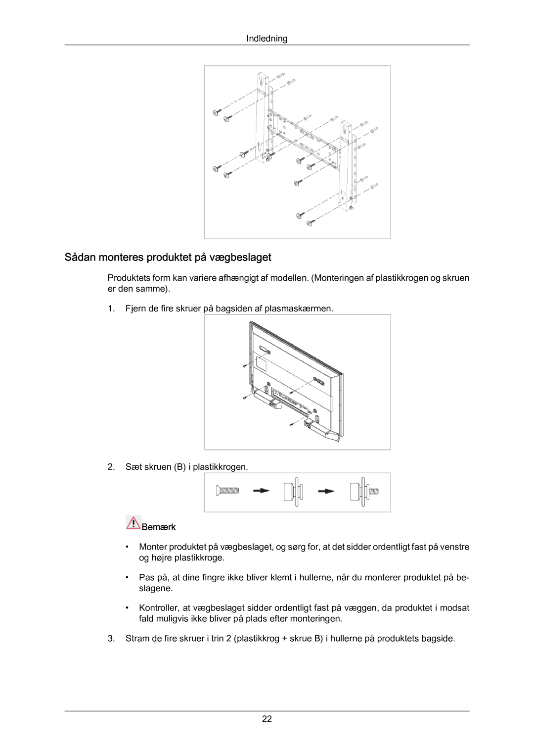 Samsung LH70BVPLBF/EN, LH70BVTLBF/EN manual Sådan monteres produktet på vægbeslaget 