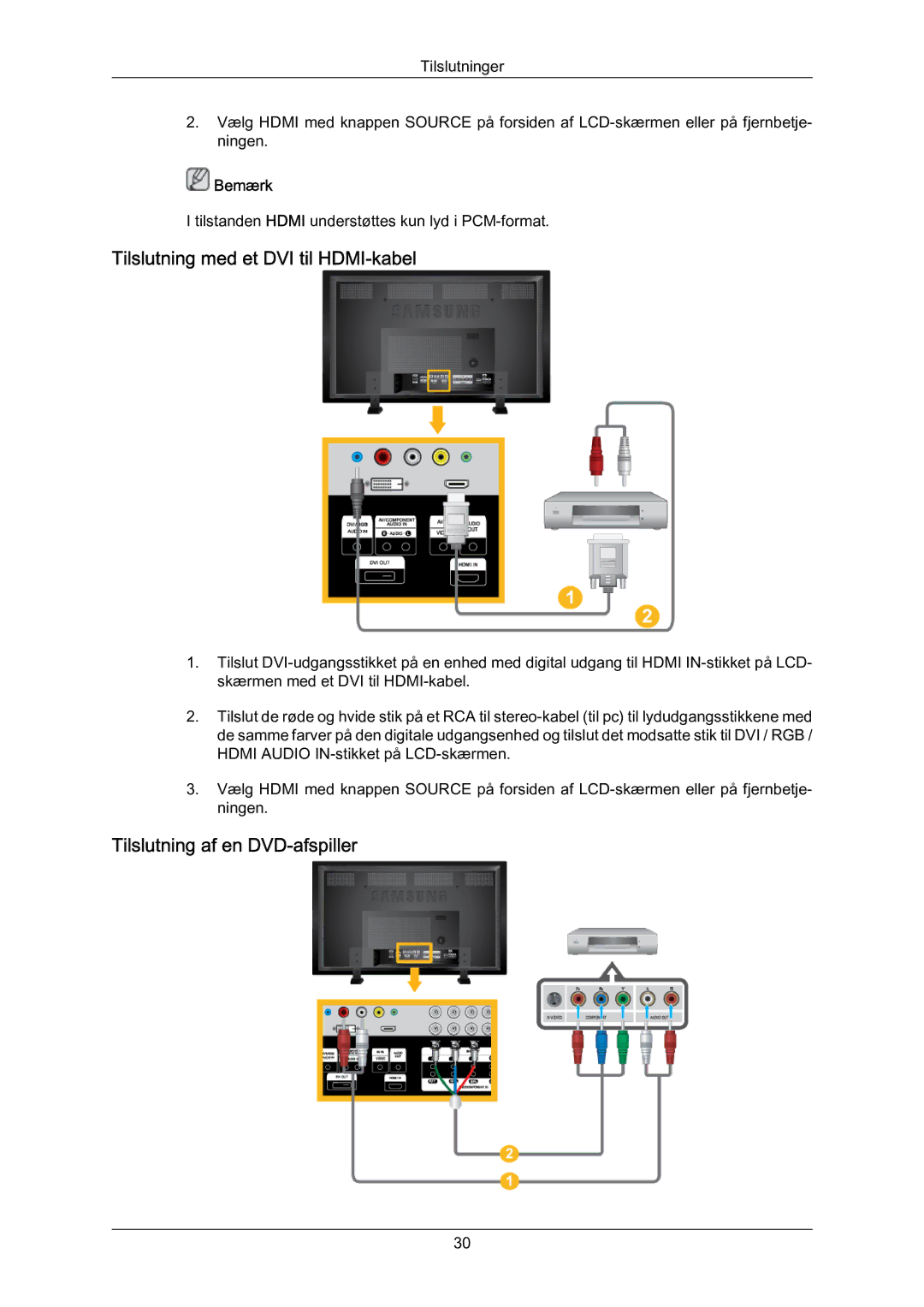 Samsung LH70BVPLBF/EN, LH70BVTLBF/EN manual Tilslutning med et DVI til HDMI‐kabel, Tilslutning af en DVD‐afspiller 