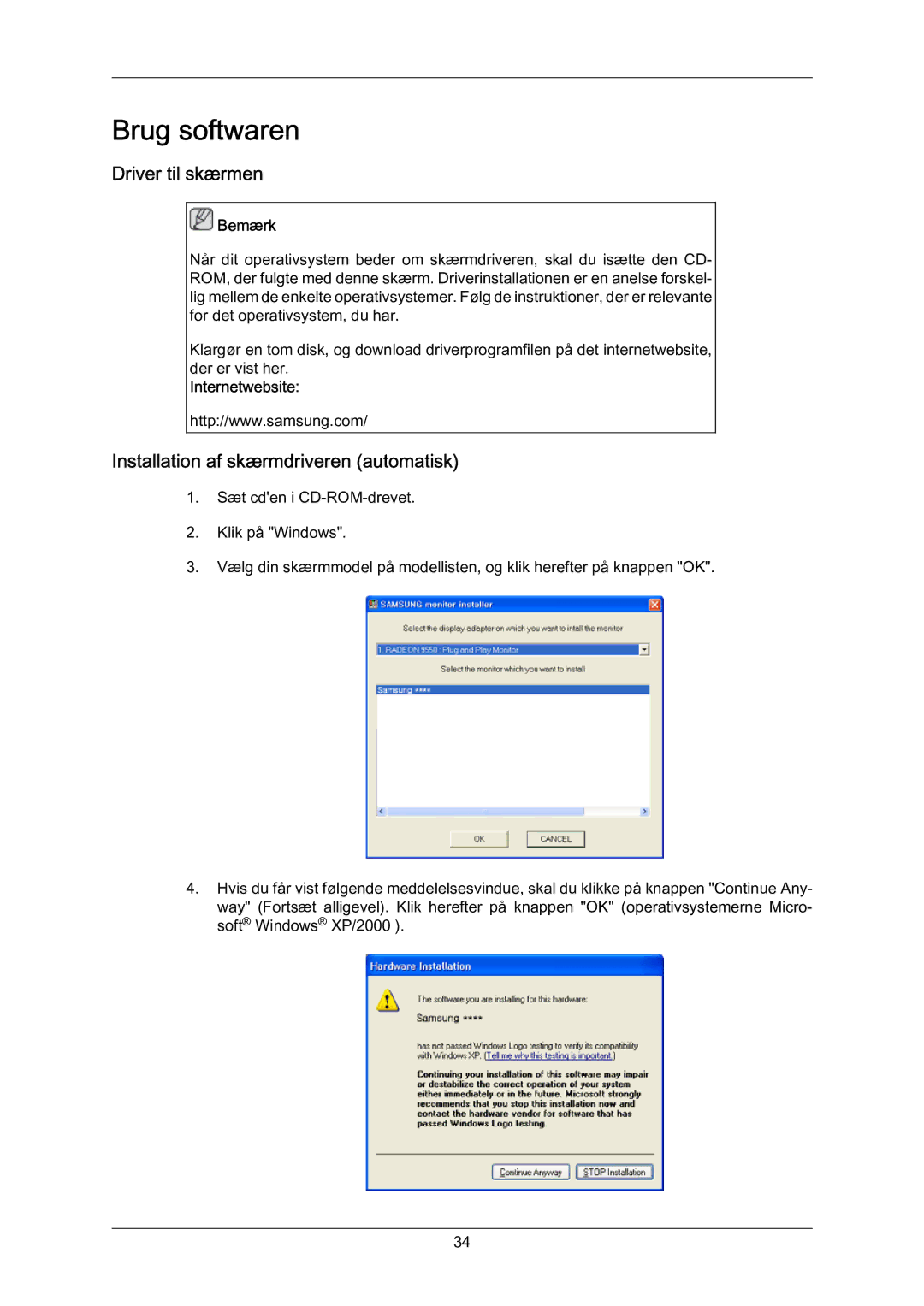 Samsung LH70BVPLBF/EN, LH70BVTLBF/EN manual Driver til skærmen, Installation af skærmdriveren automatisk, Internetwebsite 