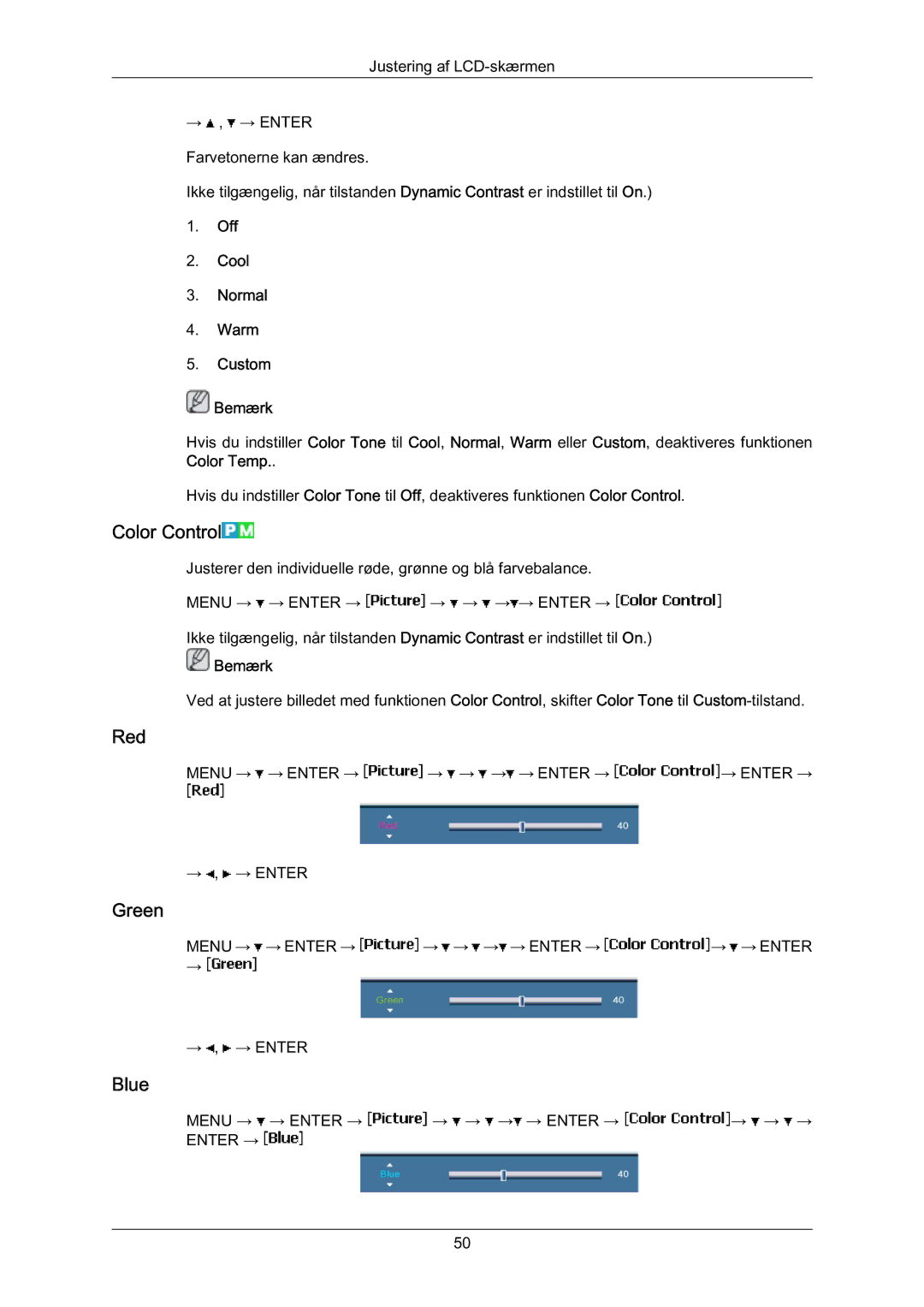 Samsung LH70BVPLBF/EN, LH70BVTLBF/EN manual Color Control, Red, Green, Blue, Off Cool Normal Warm Custom Bemærk 