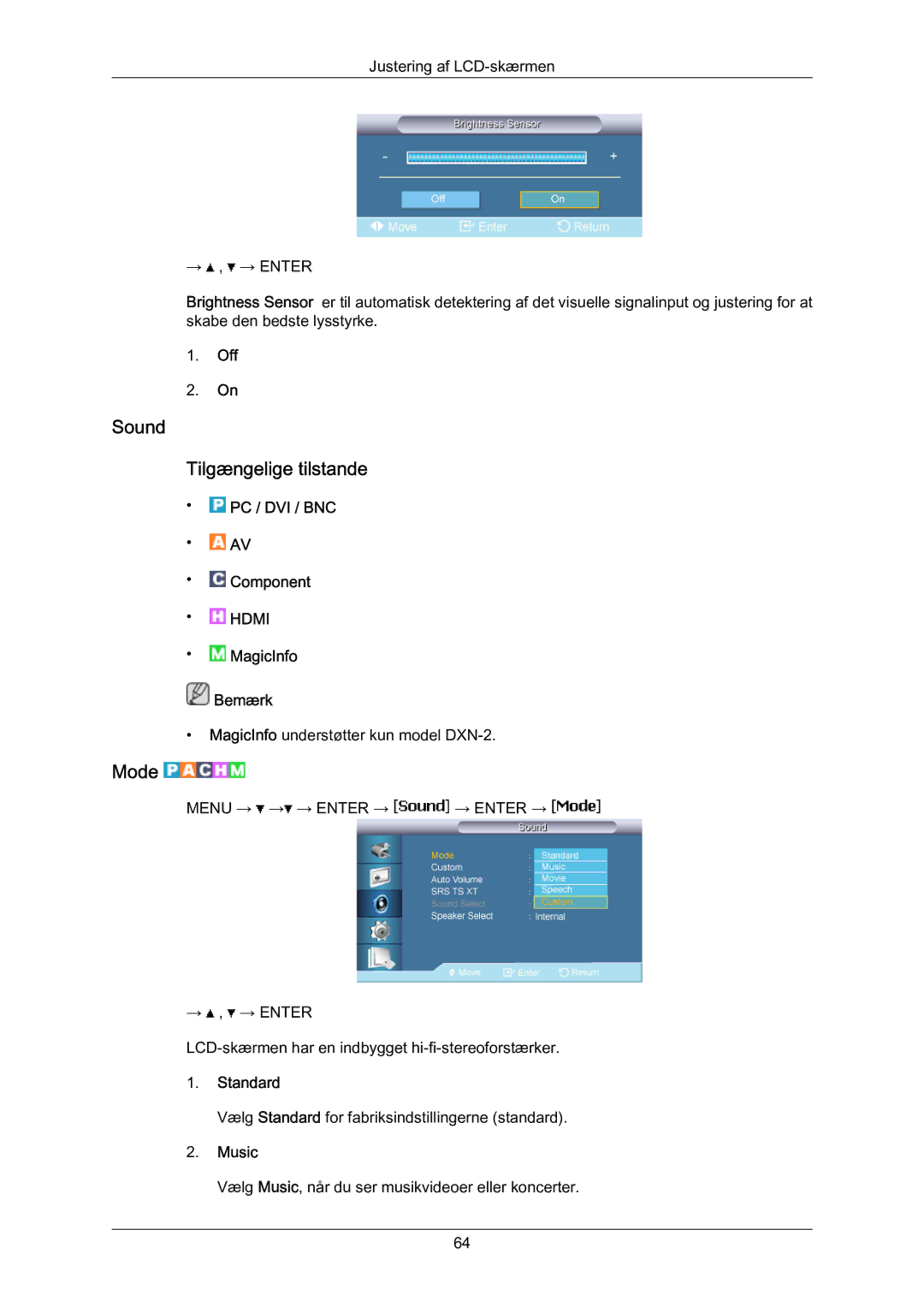 Samsung LH70BVPLBF/EN, LH70BVTLBF/EN manual Sound Tilgængelige tilstande, Music 