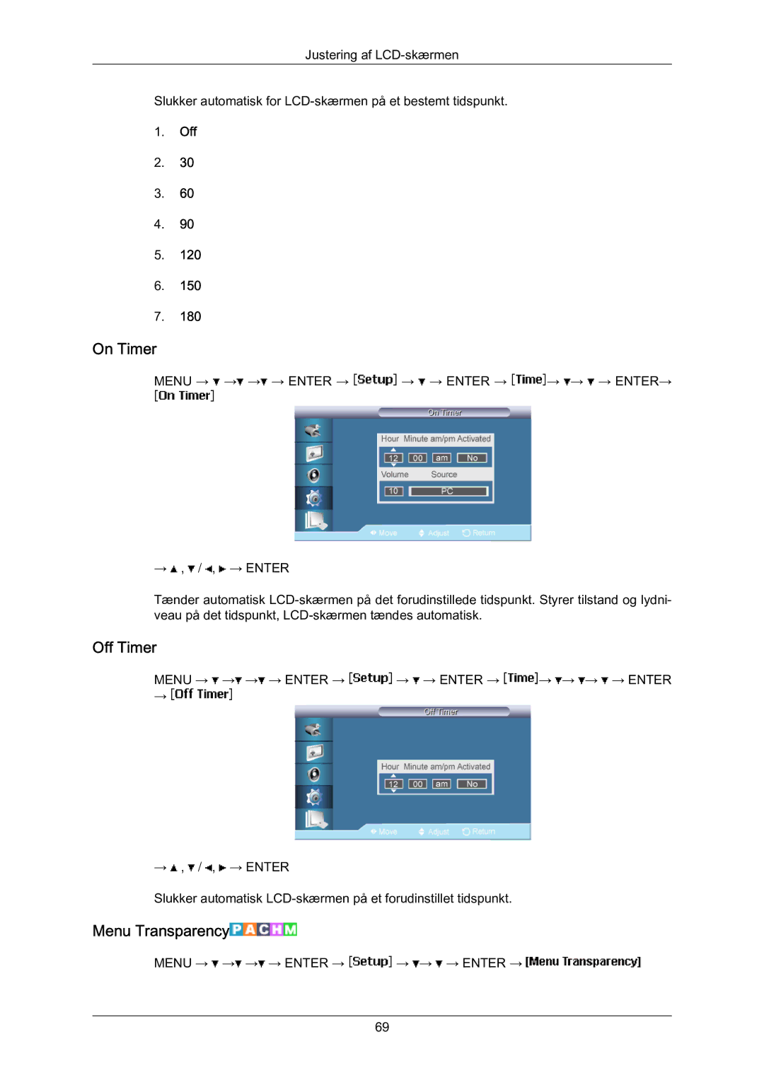 Samsung LH70BVTLBF/EN, LH70BVPLBF/EN manual On Timer, Off Timer, Menu Transparency 