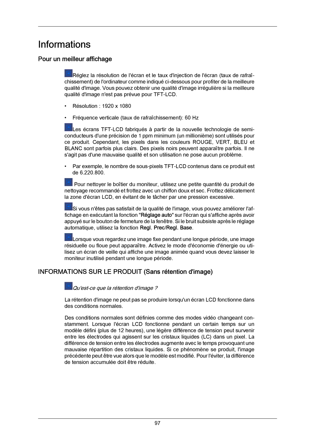 Samsung LH70BVTLBF/EN, LH70BVSLBF/EN manual Pour un meilleur affichage, Informations SUR LE Produit Sans rétention dimage 