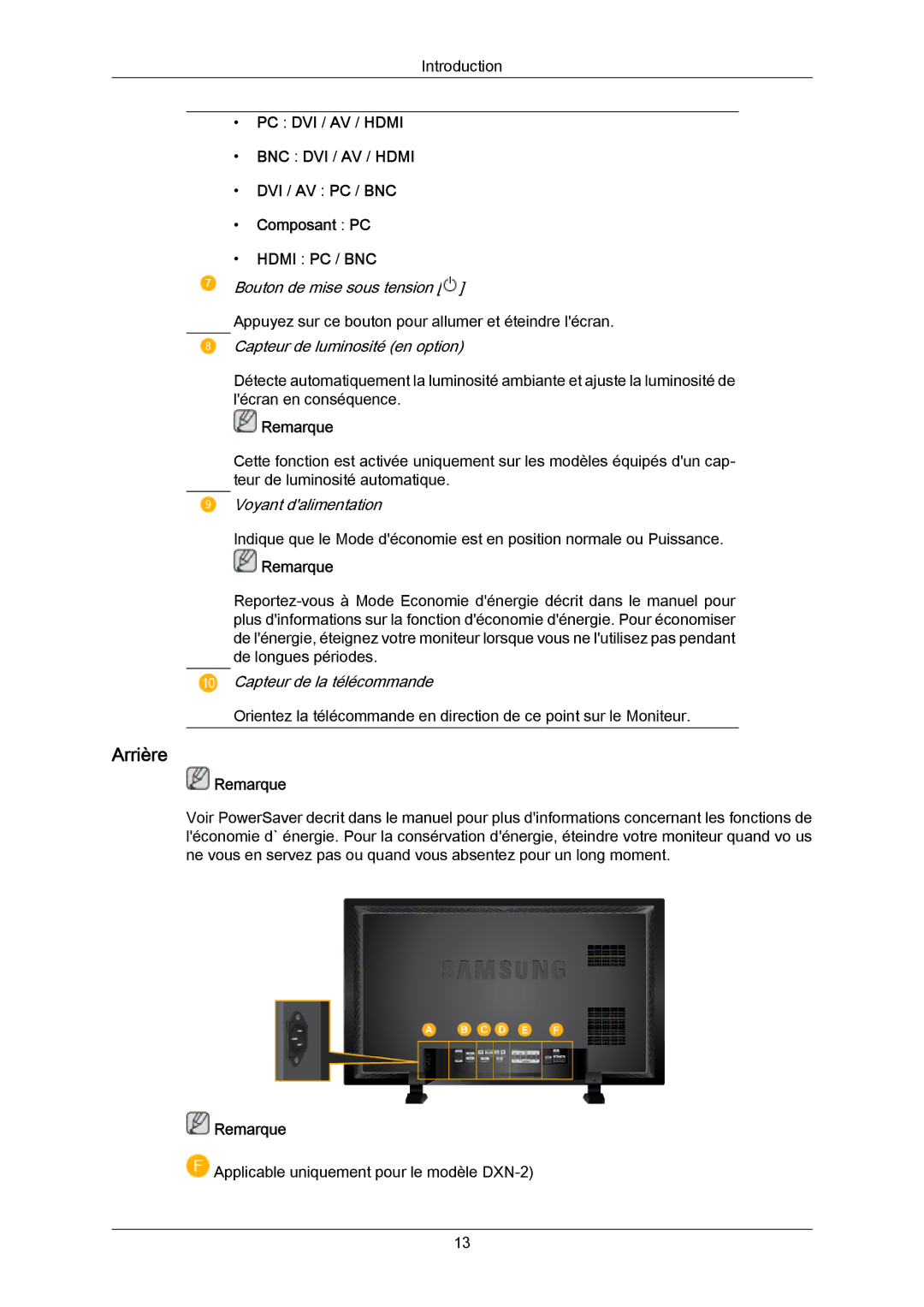 Samsung LH70BVPLBF/EN, LH70BVTLBF/EN, LH70BVSLBF/EN manual Arrière, PC DVI / AV / Hdmi, DVI / AV PC / BNC Composant PC 