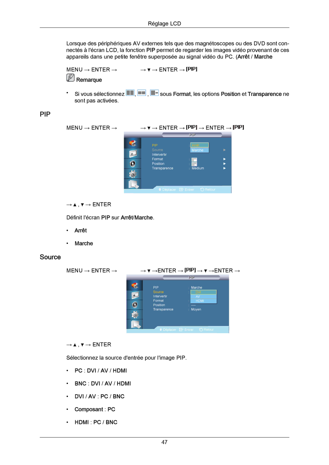 Samsung LH70BVSLBF/EN, LH70BVTLBF/EN, LH70BVPLBF/EN manual Source, Arrêt Marche 