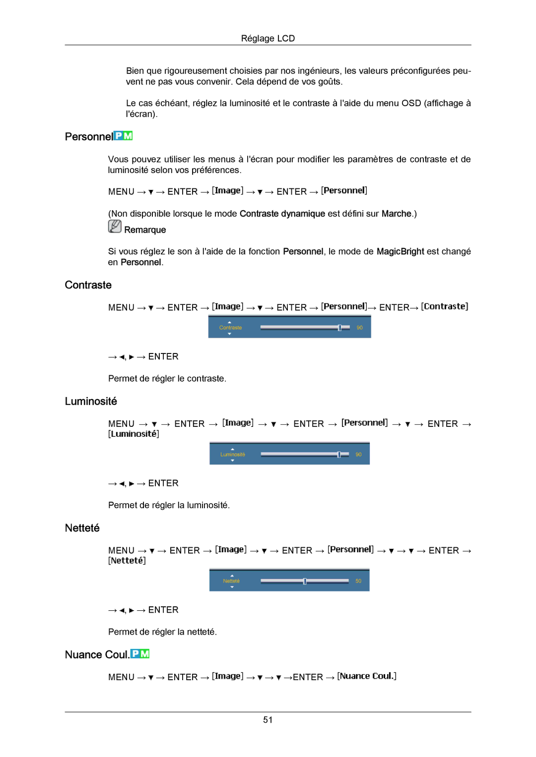 Samsung LH70BVPLBF/EN, LH70BVTLBF/EN, LH70BVSLBF/EN manual Personnel, Contraste, Luminosité, Netteté, Nuance Coul 