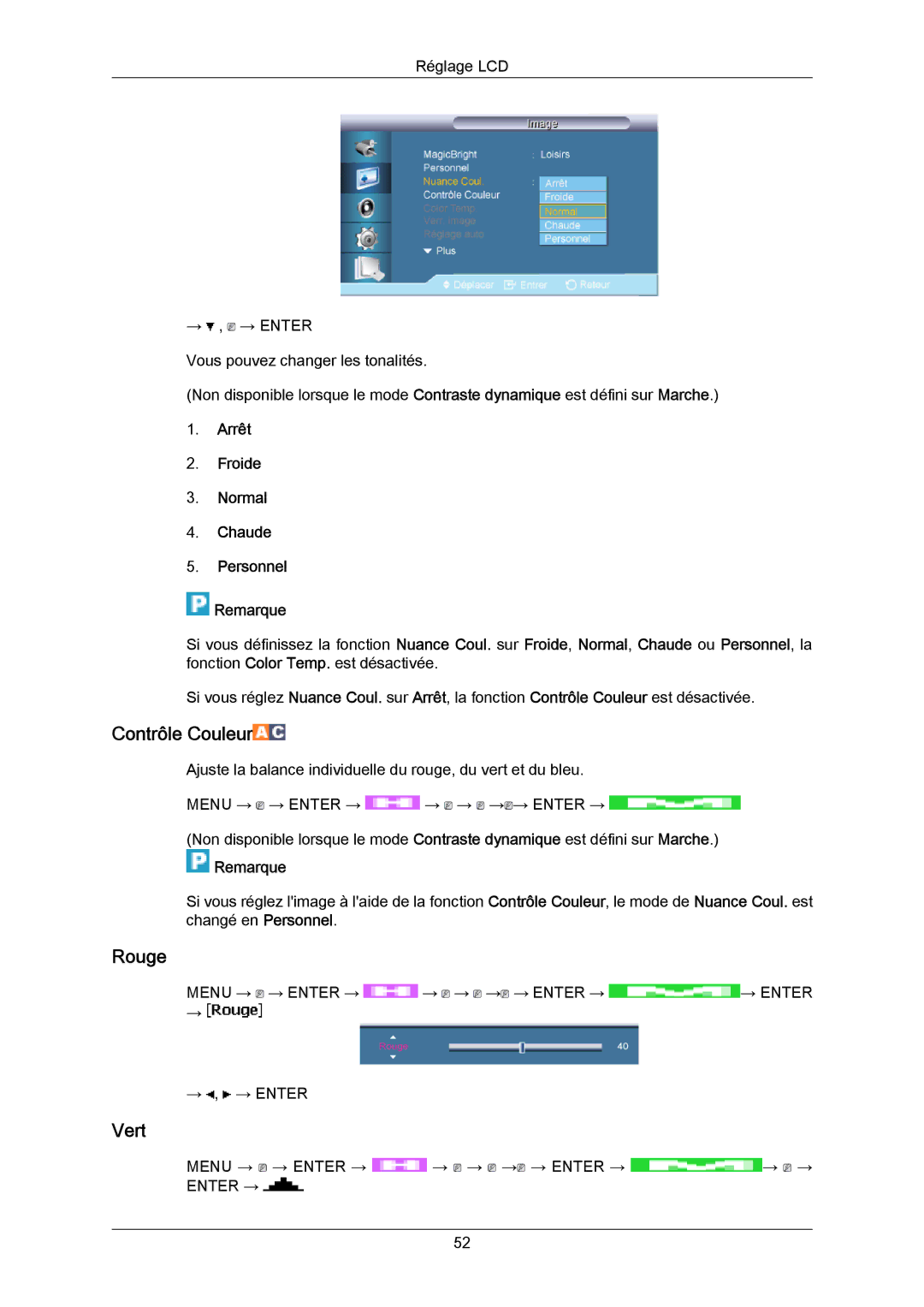 Samsung LH70BVTLBF/EN, LH70BVSLBF/EN manual Contrôle Couleur, Rouge, Vert, Arrêt Froide Normal Chaude Personnel Remarque 