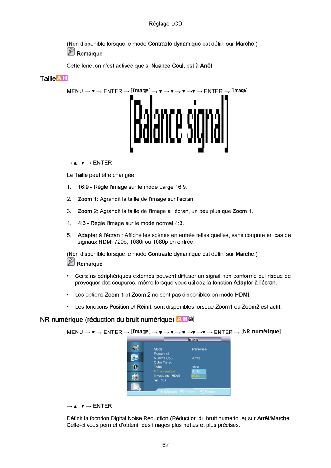 Samsung LH70BVSLBF/EN, LH70BVTLBF/EN, LH70BVPLBF/EN manual Taille, NR numérique réduction du bruit numérique 