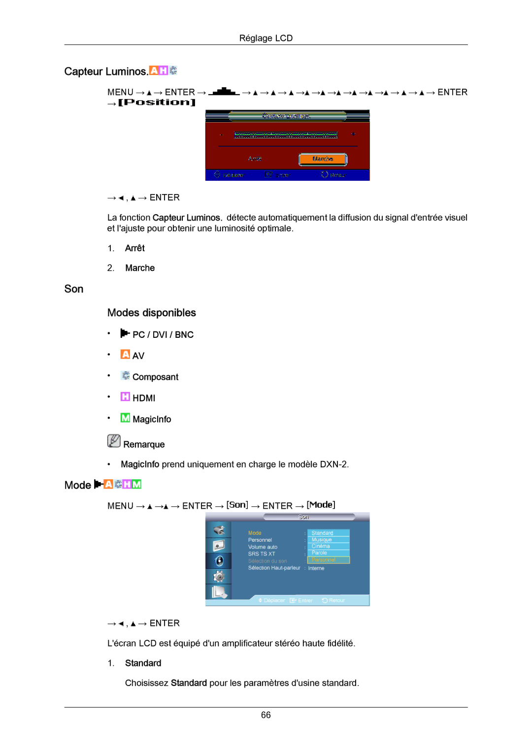 Samsung LH70BVPLBF/EN, LH70BVTLBF/EN, LH70BVSLBF/EN manual Capteur Luminos, Son Modes disponibles 