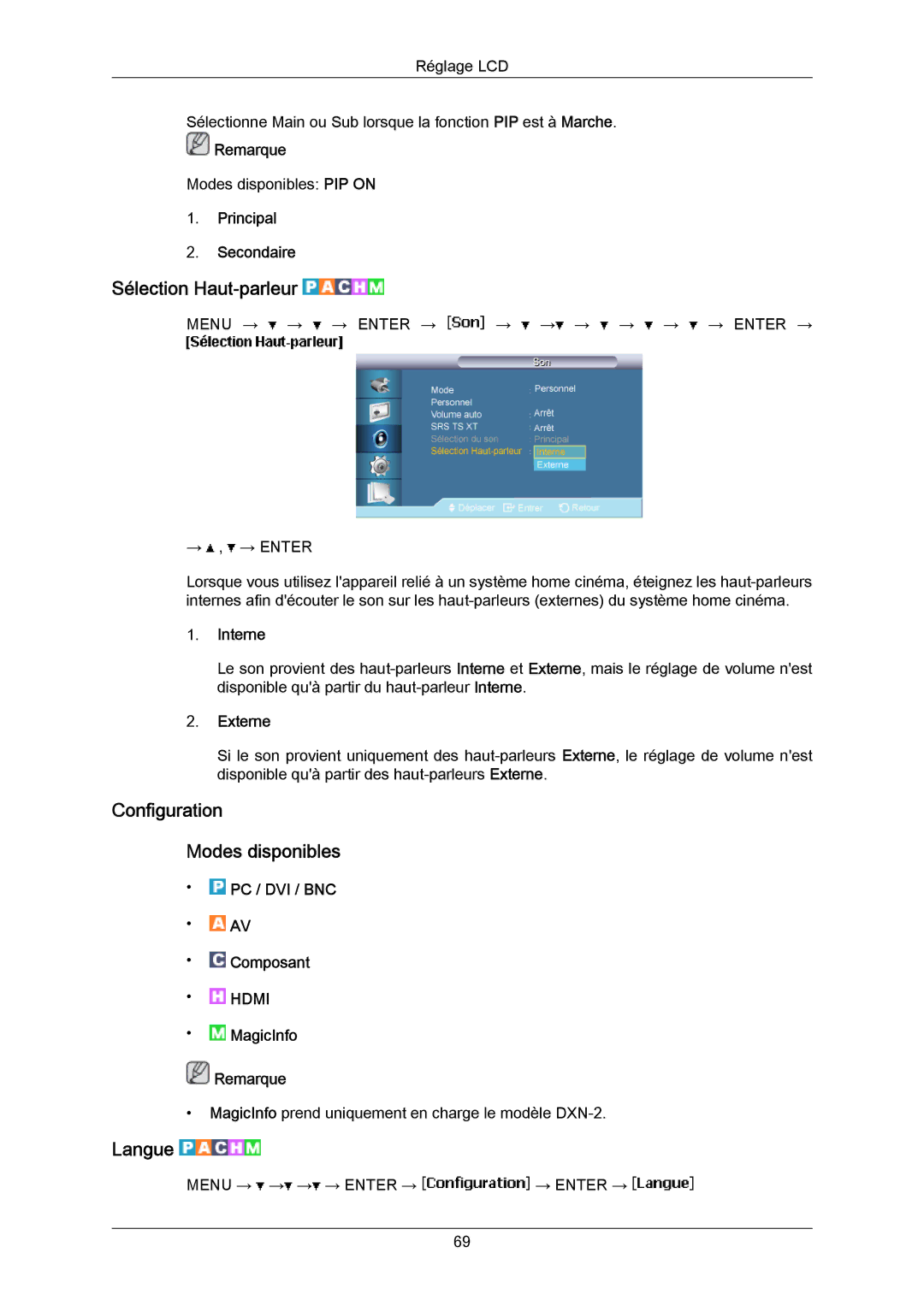 Samsung LH70BVPLBF/EN, LH70BVTLBF/EN, LH70BVSLBF/EN manual Sélection Haut‐parleur, Configuration Modes disponibles, Langue 