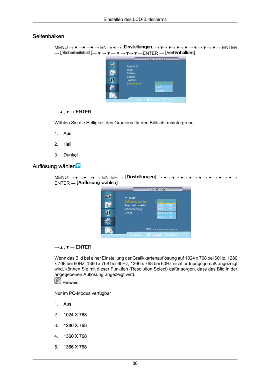 Samsung LH70BVSLBF/EN, LH70BVTLBF/EN manual Seitenbalken, Auflösung wählen, Aus Hell Dunkel, Aus 1024 X 1280 X 1360 X 1366 X 