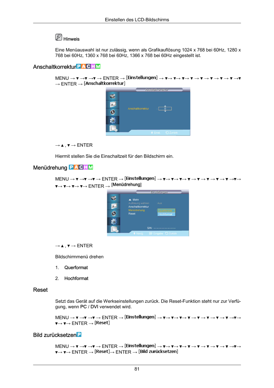 Samsung LH70BVPLBF/EN, LH70BVTLBF/EN manual Anschaltkorrektur, Menüdrehung, Reset, Bild zurücksetzen, Querformat Hochformat 