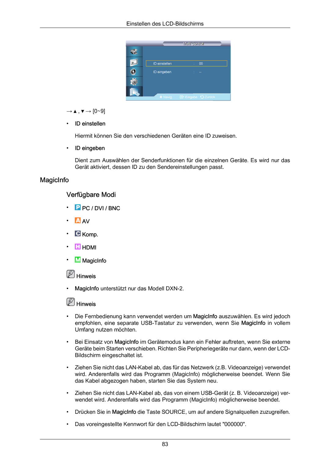 Samsung LH70BVSLBF/EN, LH70BVTLBF/EN, LH70BVPLBF/EN manual MagicInfo Verfügbare Modi, ID einstellen, ID eingeben 