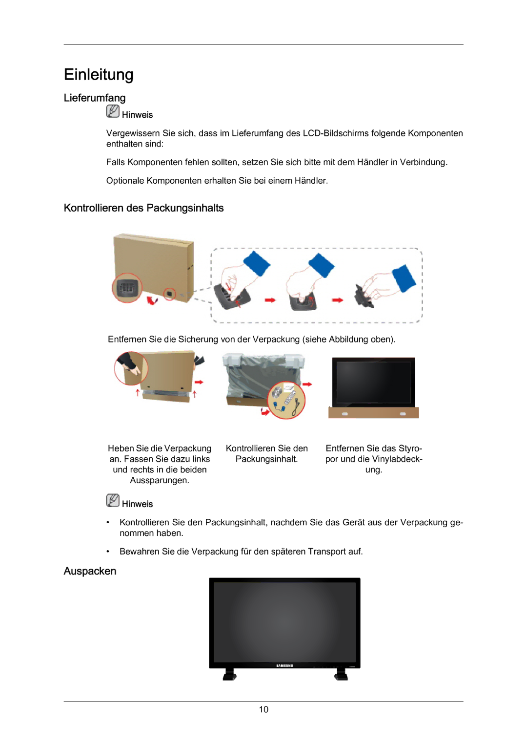 Samsung LH70BVPLBF/EN, LH70BVTLBF/EN, LH70BVSLBF/EN manual Lieferumfang, Kontrollieren des Packungsinhalts, Auspacken 